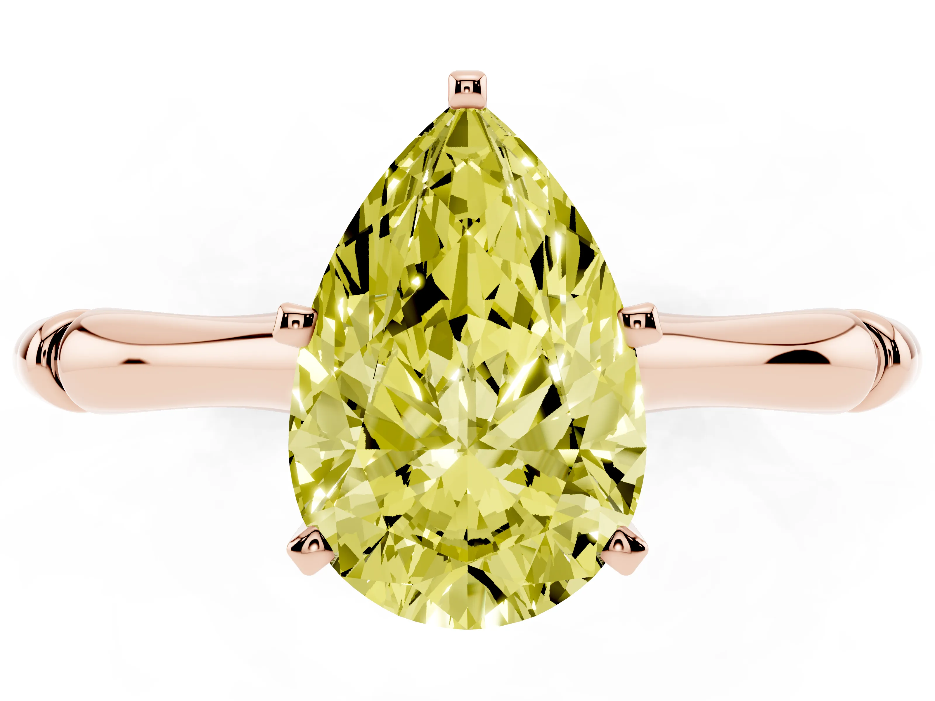 Fancy Yellow Pear Cut Diamond Solitaire Ring Set in Rose gold with Bamboo Band and Prong Setting