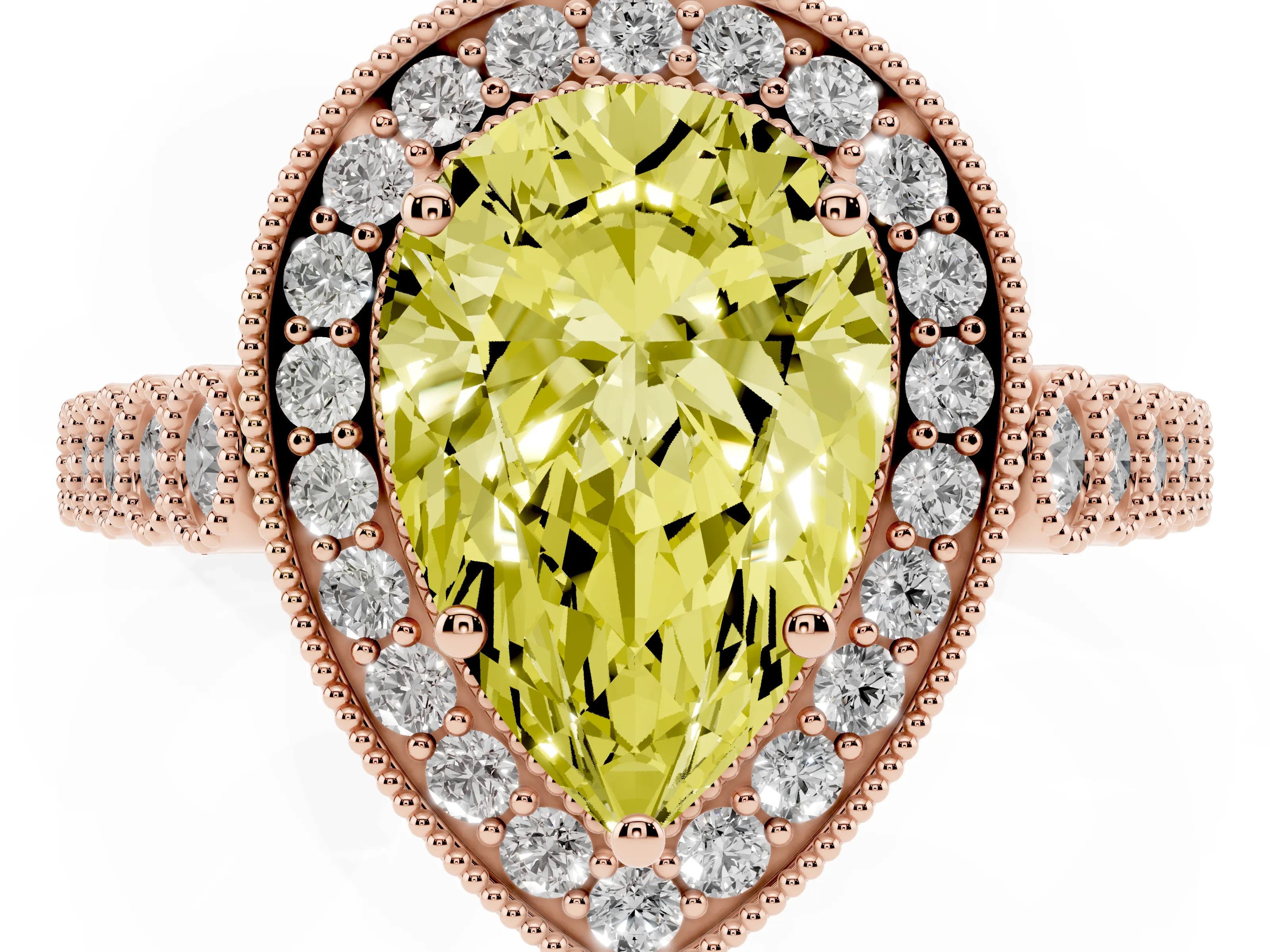 Fancy Yellow Pear Cut Diamond Milgrain Halo Solitaire Ring Set in Rose gold with Bezel Set Side Stones and Pavé Band