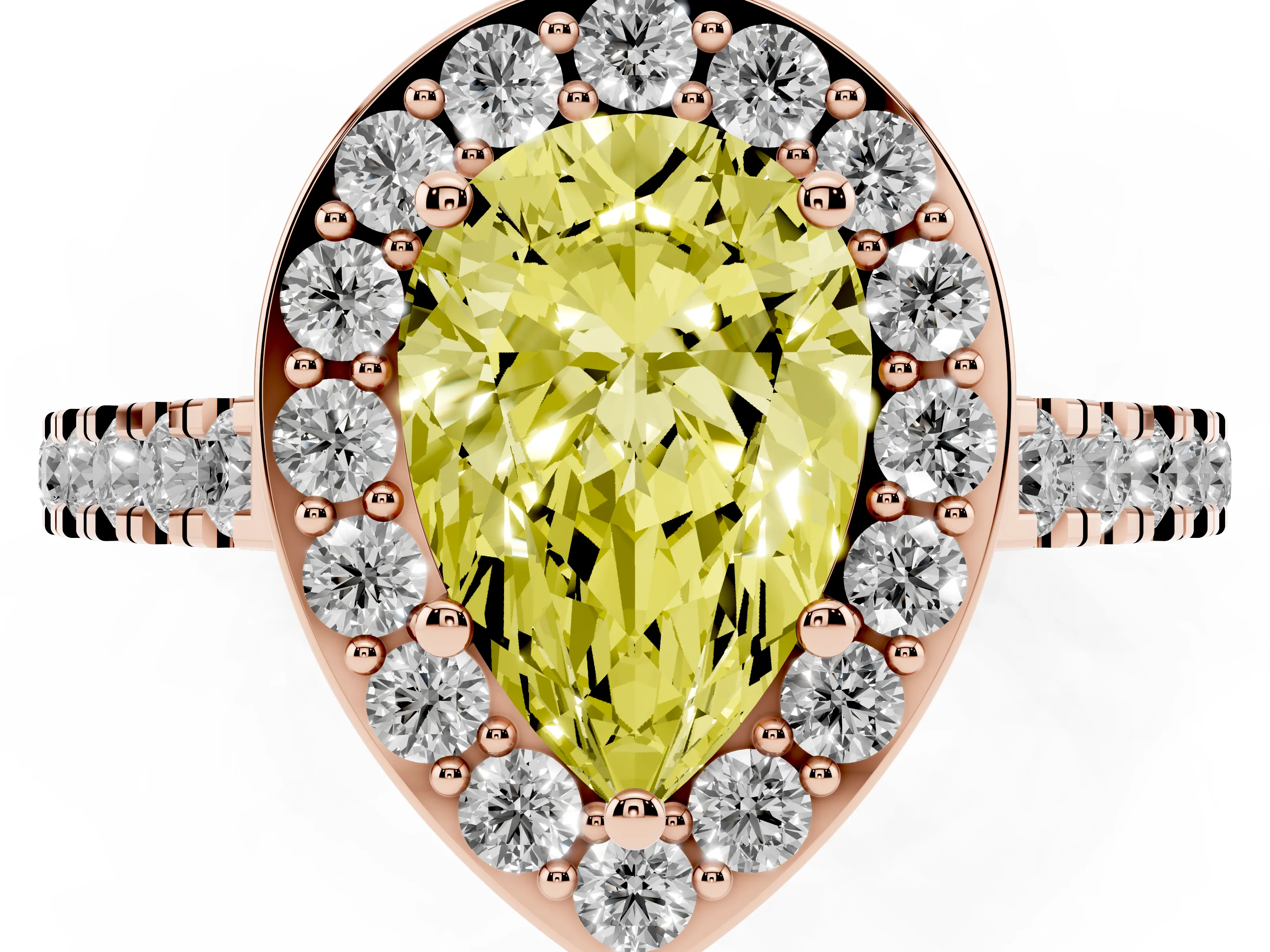Fancy Yellow Pear Cut Diamond Halo Ring Set in Rose gold with Round Pavé Split Shank and Prong Setting