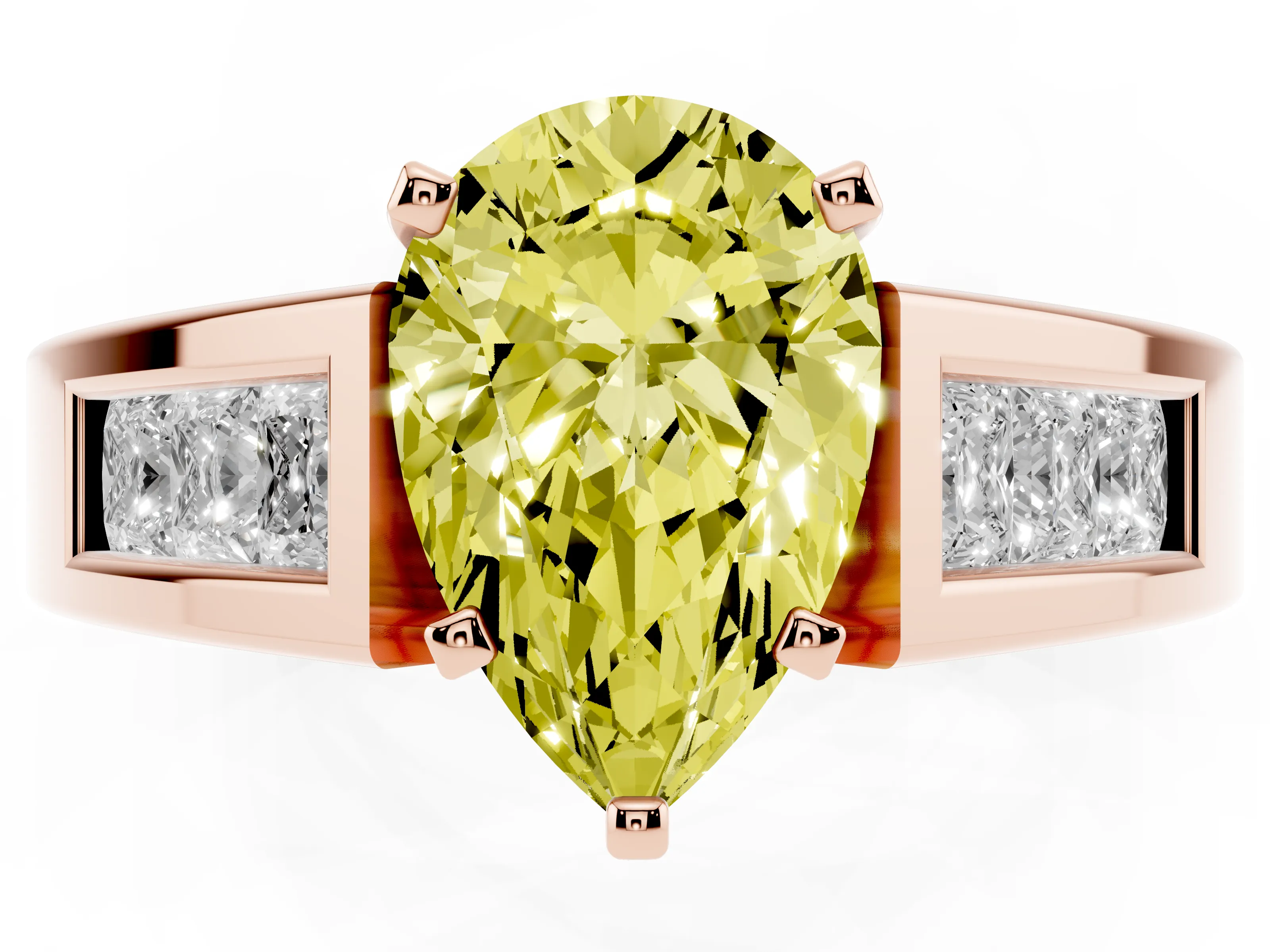 Fancy Yellow Pear Cut Diamond Solitaire Ring Set in Rose gold with Channel-Set Accent Stones and Prong Setting
