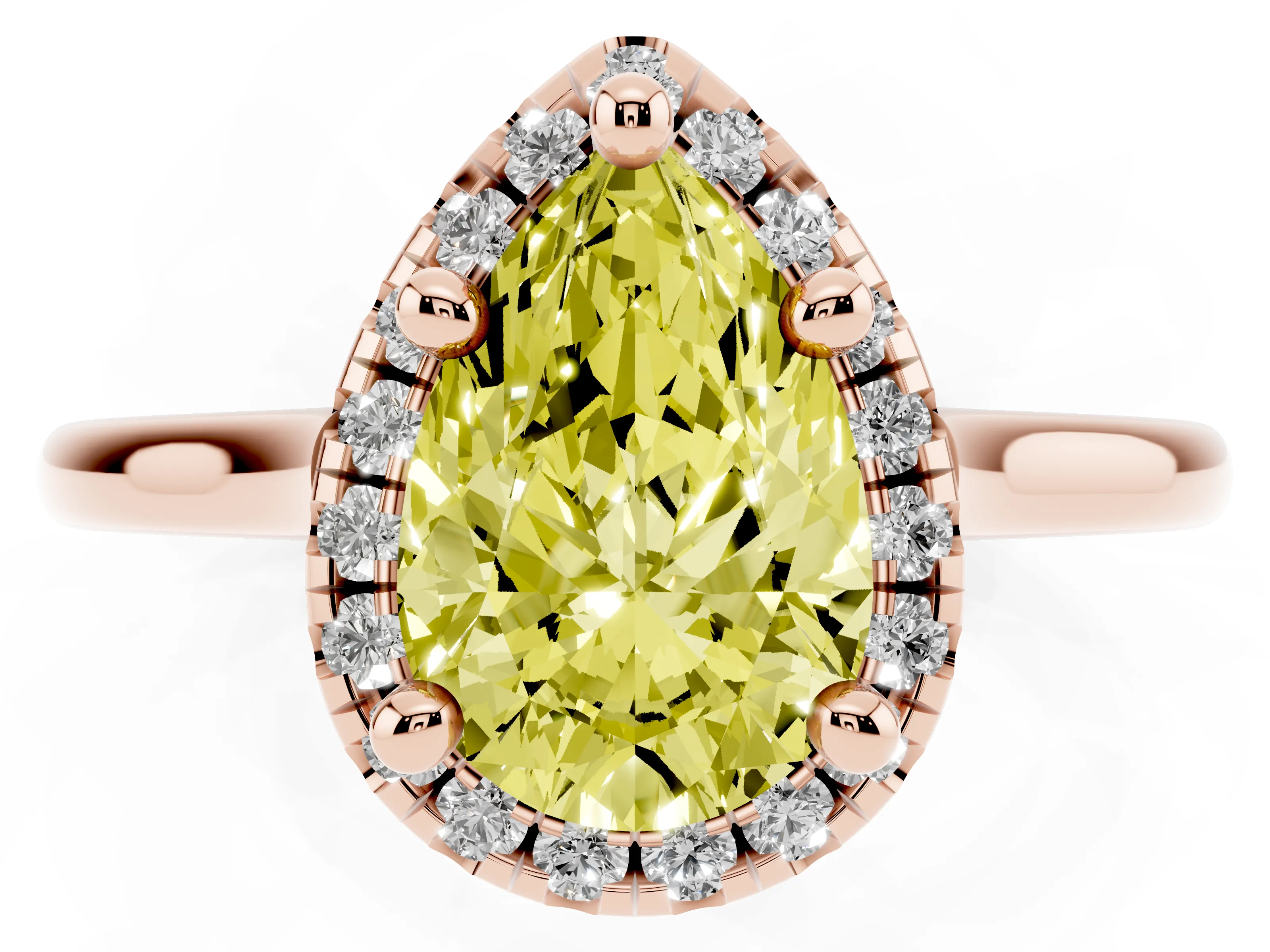 Fancy Yellow Pear Cut Diamond Halo Engagement Ring Set in Rose gold with Pavé Band and Rising Shoulders