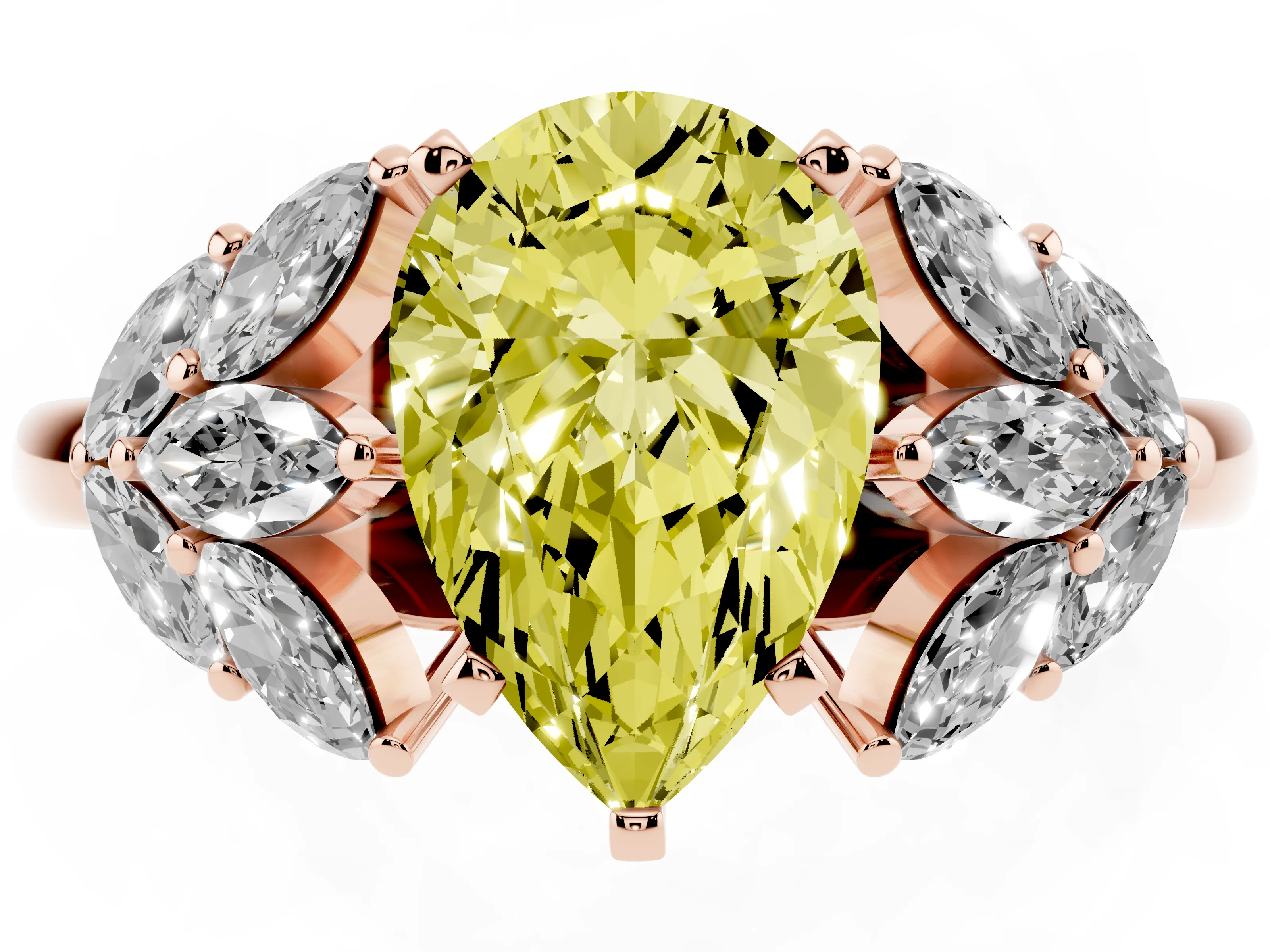 Fancy Yellow Pear Cut Diamond Cluster Leaf Design Ring Set in Rose gold with Prong Setting