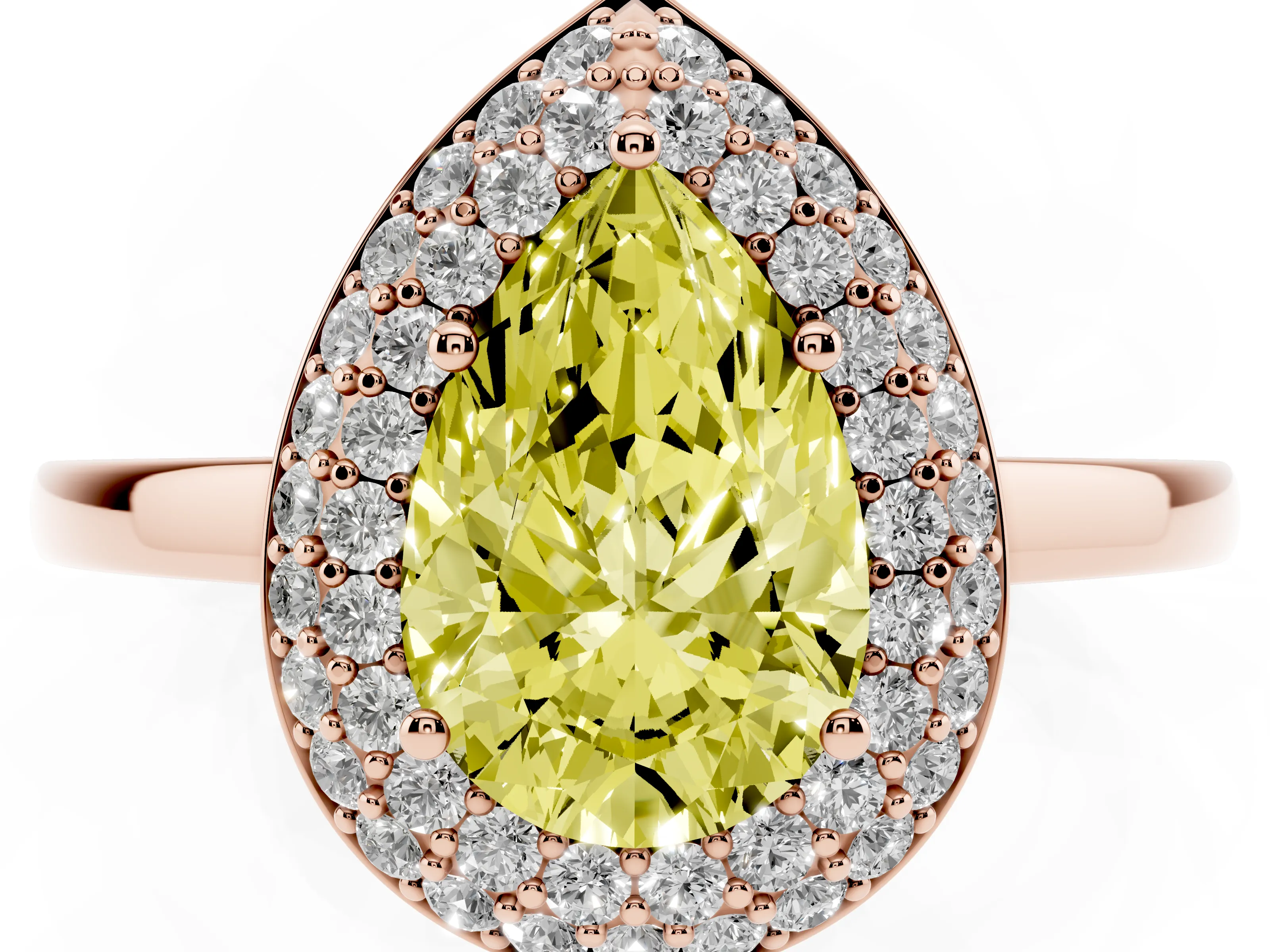 Fancy Yellow Pear Cut Diamond Halo Engagement Ring Set in Rose gold with Solitaire Band and Prong Setting