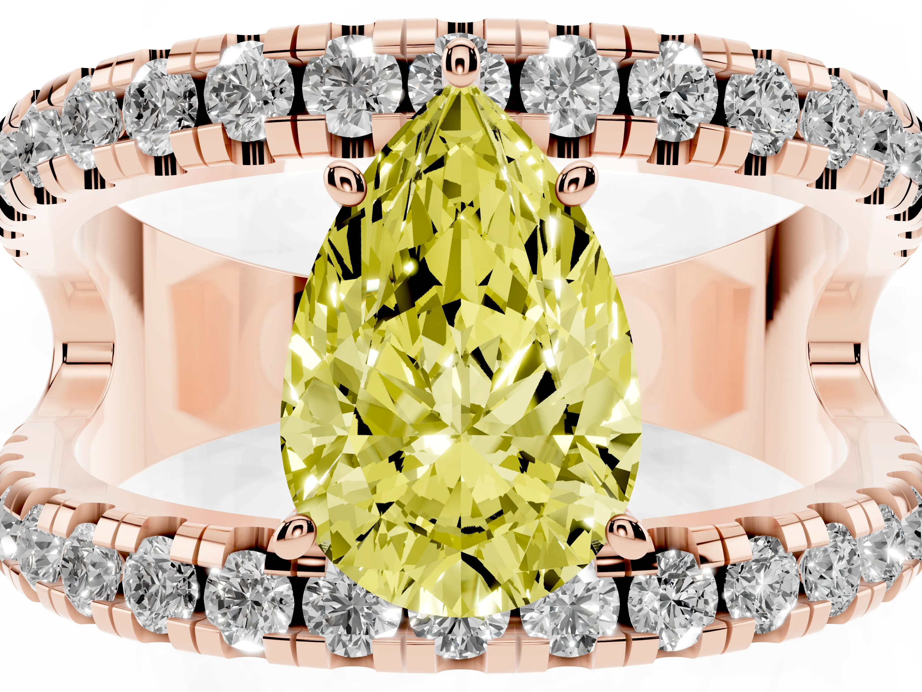 Fancy Yellow Pear Cut Diamond Split Shank Pavé Solitaire Ring Set in Rose gold with Open Shank Design