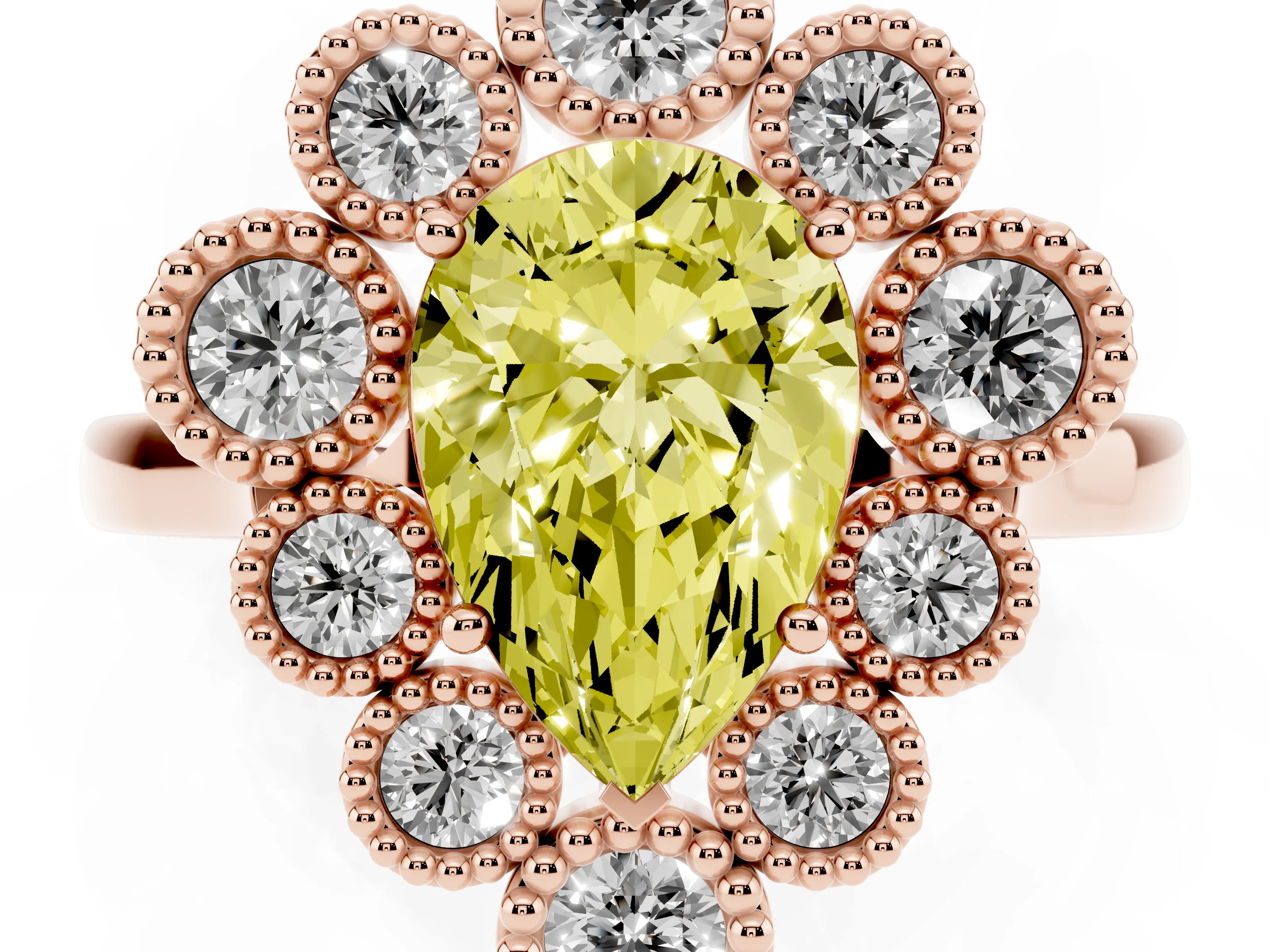 Fancy Yellow Pear Cut Diamond Cluster Halo Ring Set in Rose gold with Milgrain Bezel Accents and Plain Band