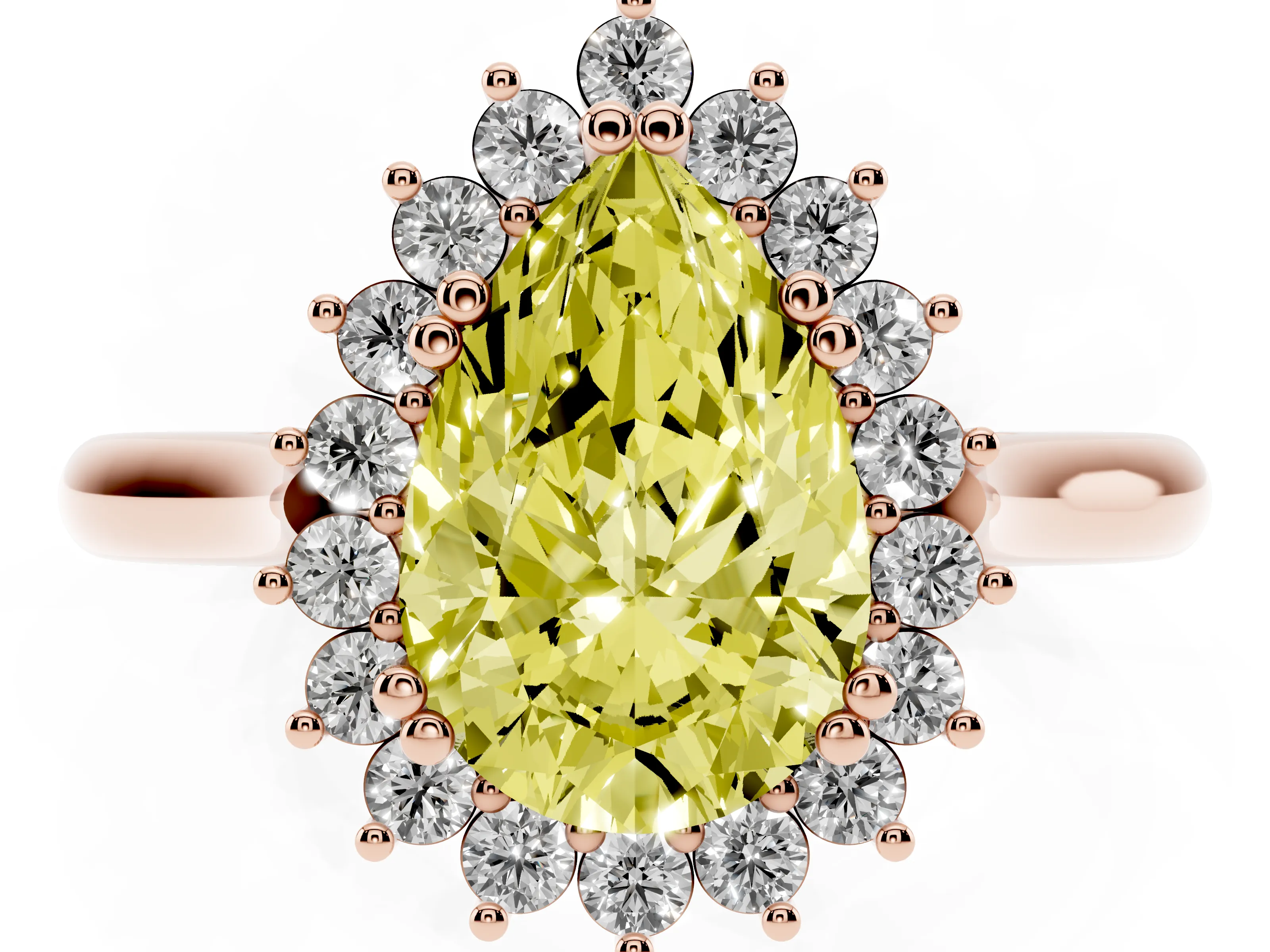 Fancy Yellow Pear Cut Diamond Halo Ring Set in Rose gold with Plain Solitaire Band and Prong Setting