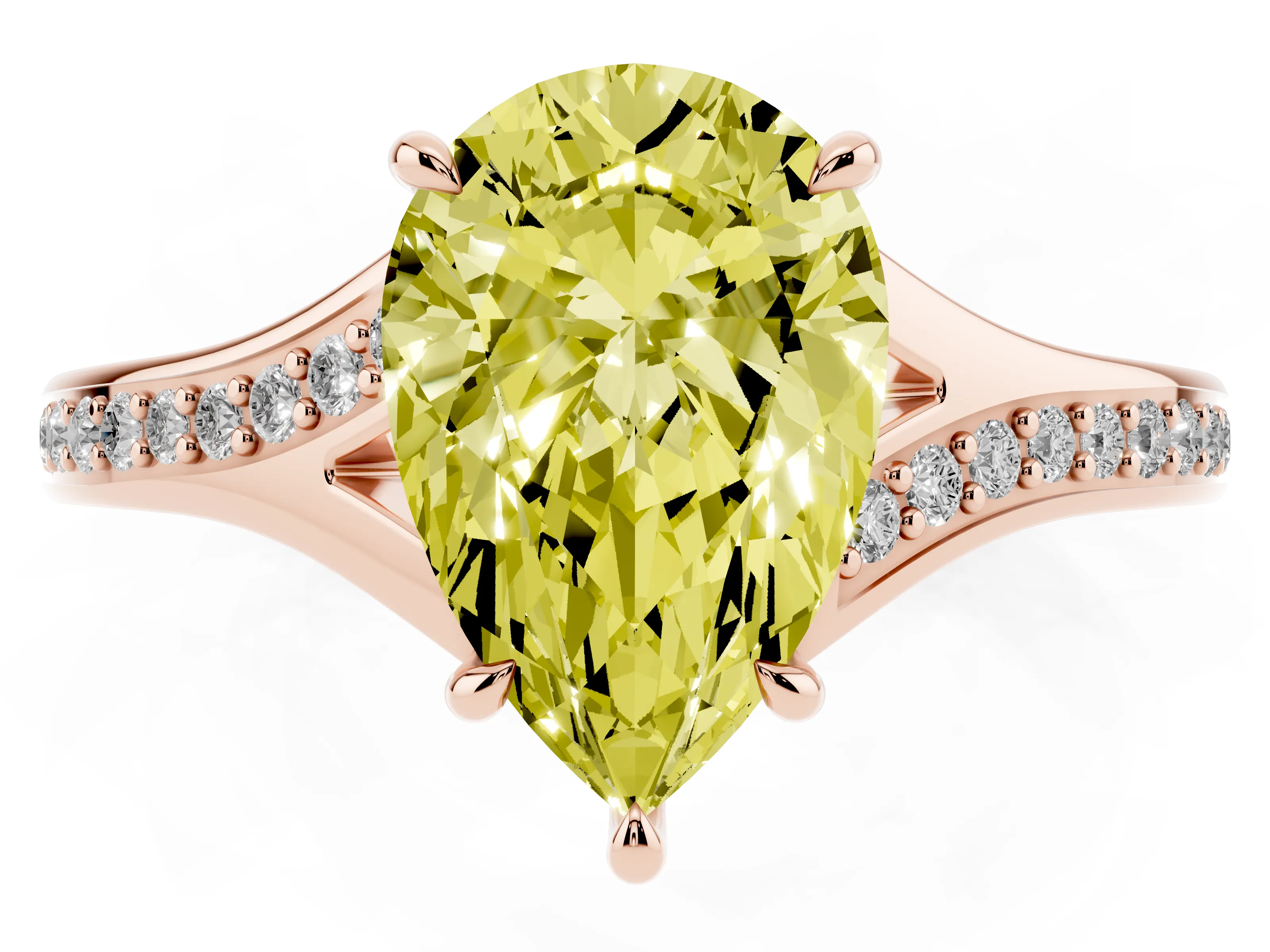 Fancy Yellow Pear Cut Diamond Solitaire Ring Set in Rose gold with Pavé Accent Band and Classic Prong Setting