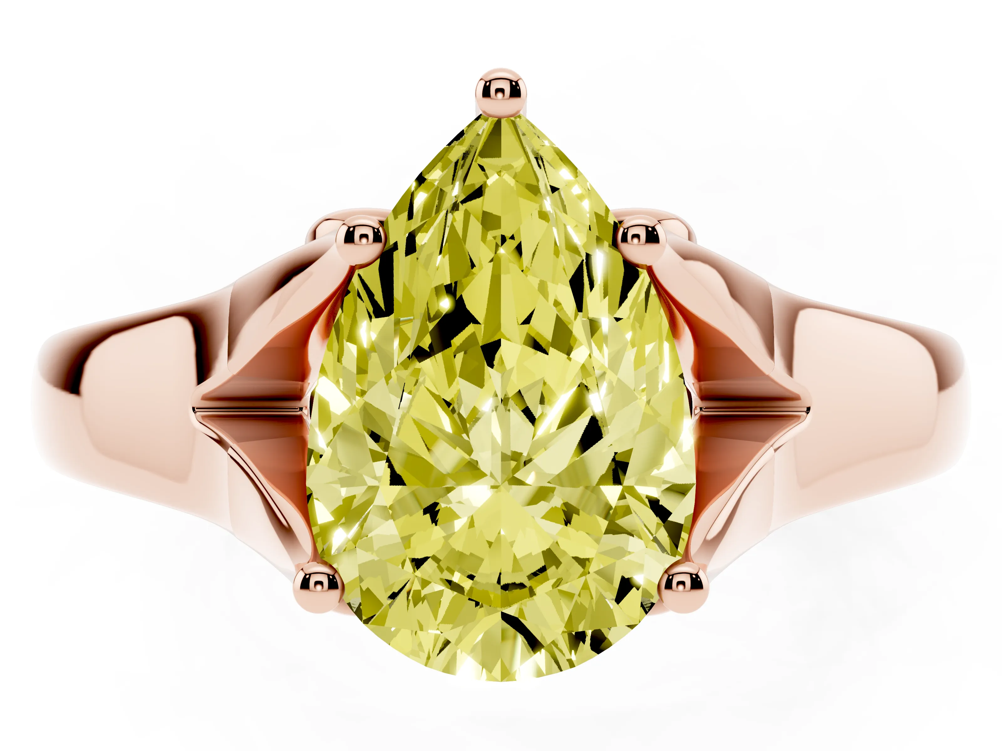 Fancy Yellow Pear Cut Diamond Solitaire Ring Set in Rose gold with Arched Cathedral Band and Prong Setting