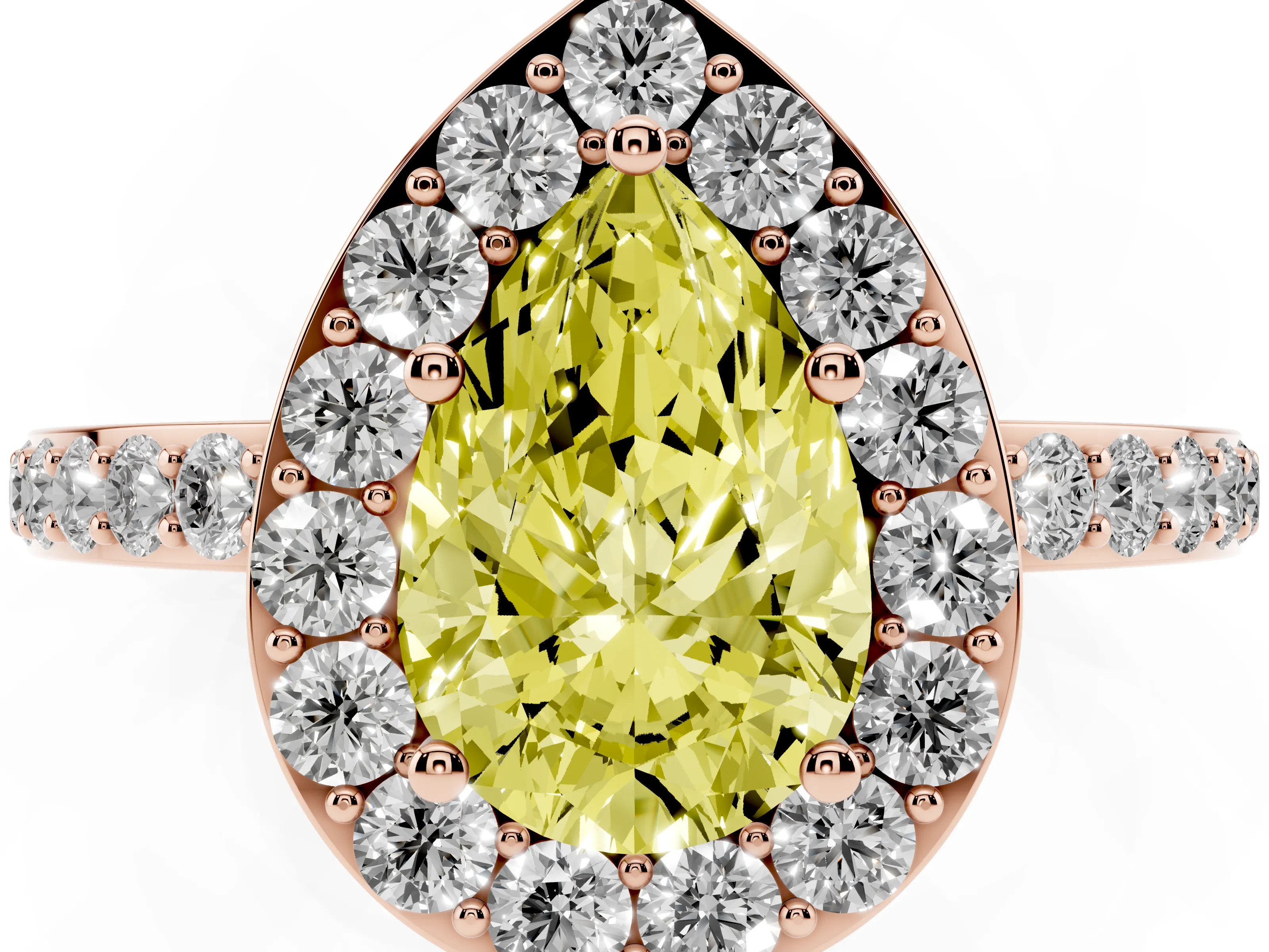 Fancy Yellow Pear Cut Diamond Halo Ring Set in Rose gold with Pavé-Setting Band and Open Prong Center