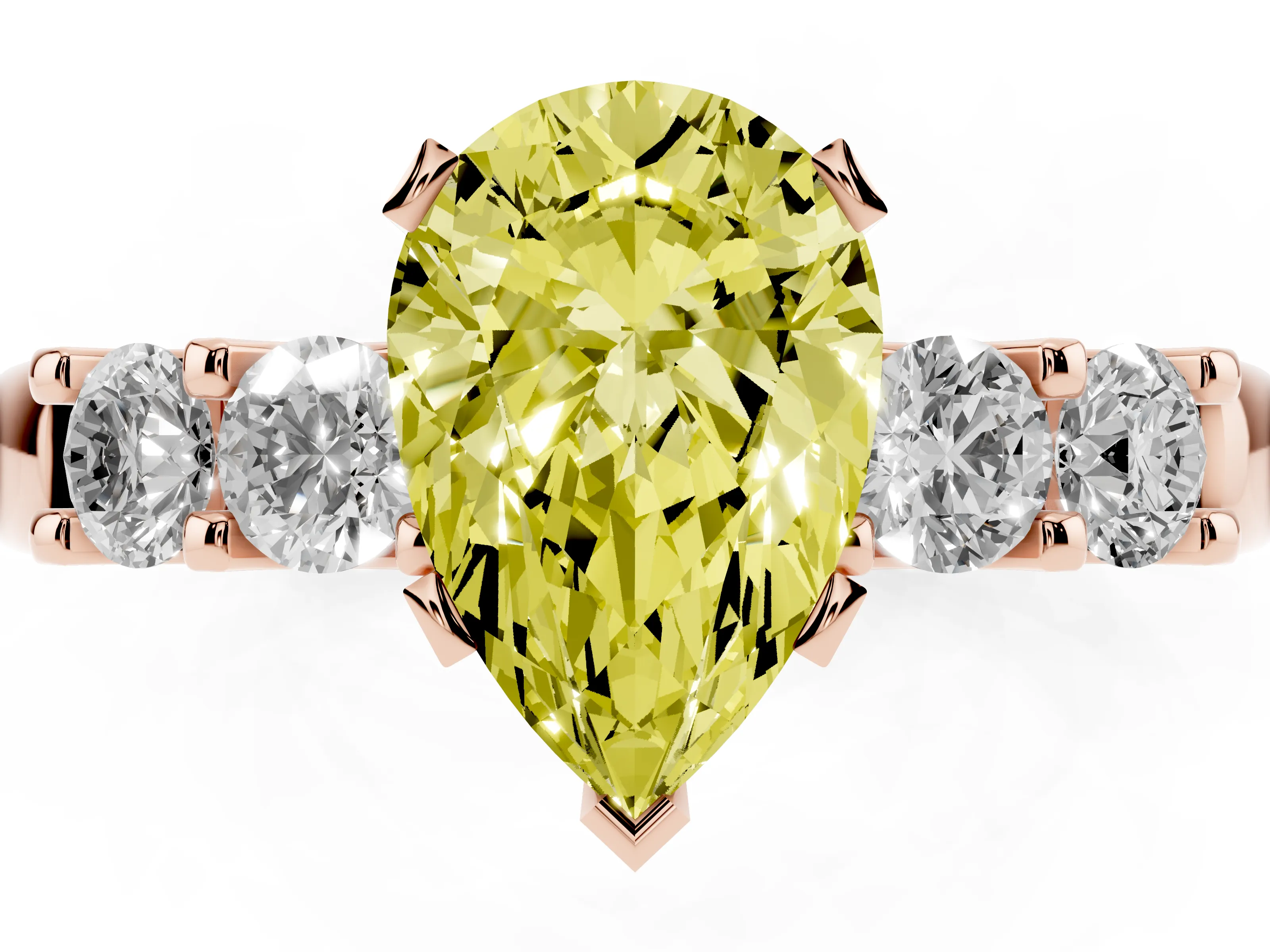 Fancy Yellow Pear Cut Diamond Five-Stone Prong Set Engagement Ring Set in Rose gold with Channel Band
