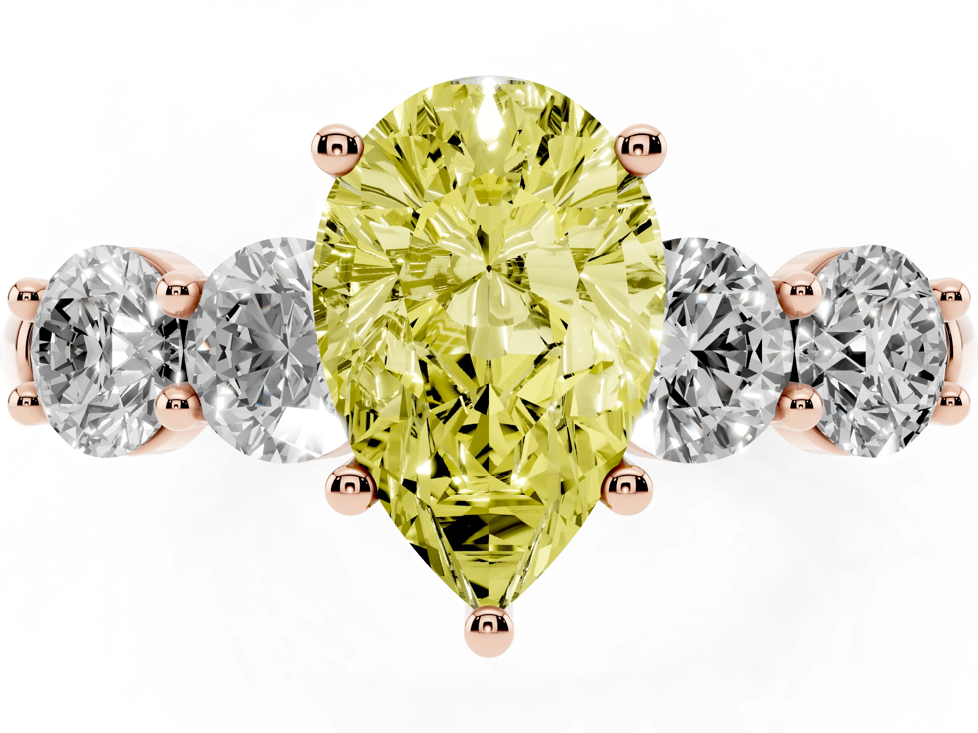 Fancy Yellow Pear Cut Diamond Five-Stone Prong Set Ring Set in Rose gold with Classic Band