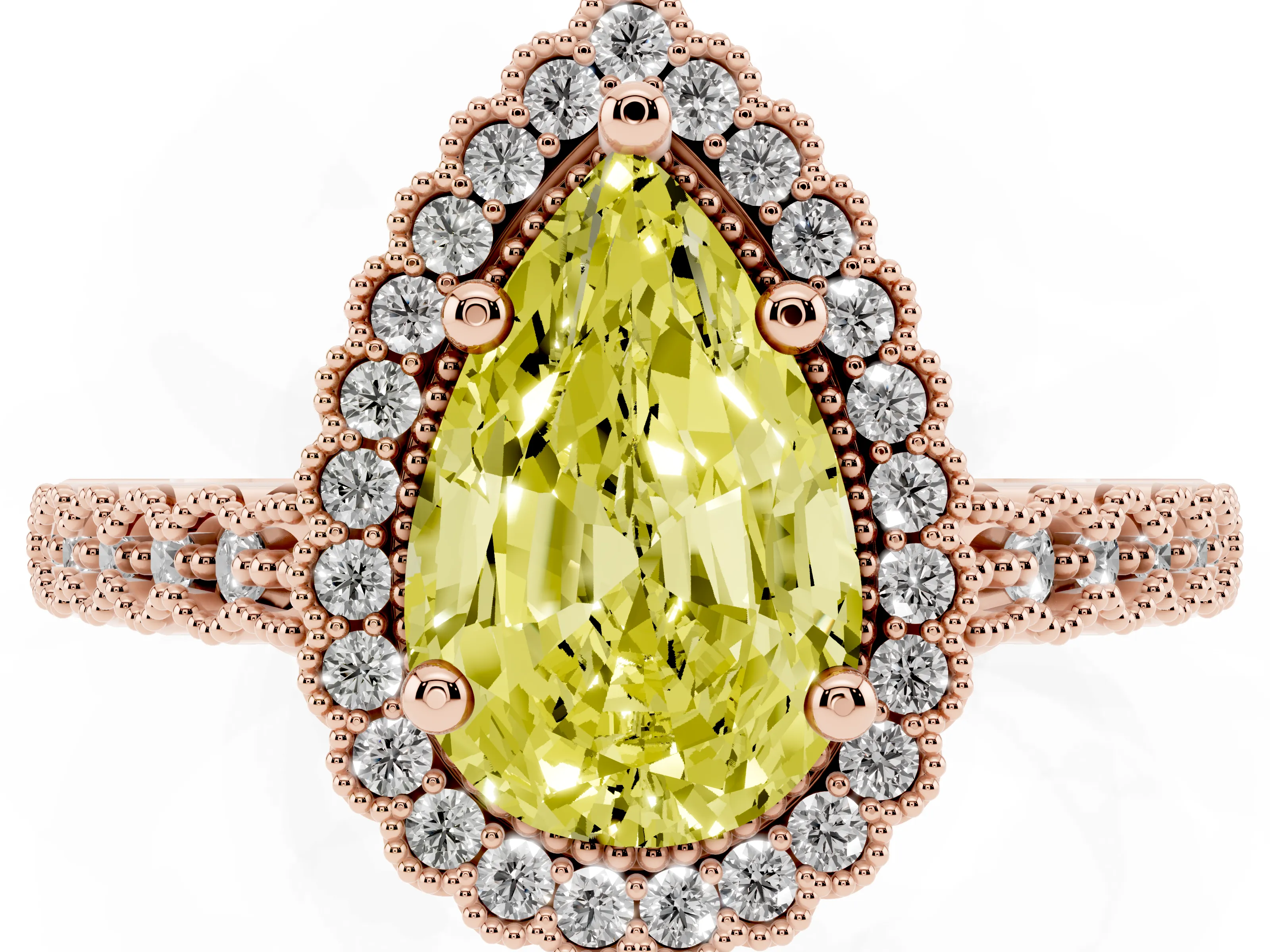 Fancy Yellow Pear Cut Diamond Halo Ring Set in Rose gold with Pavé Milgrain Band