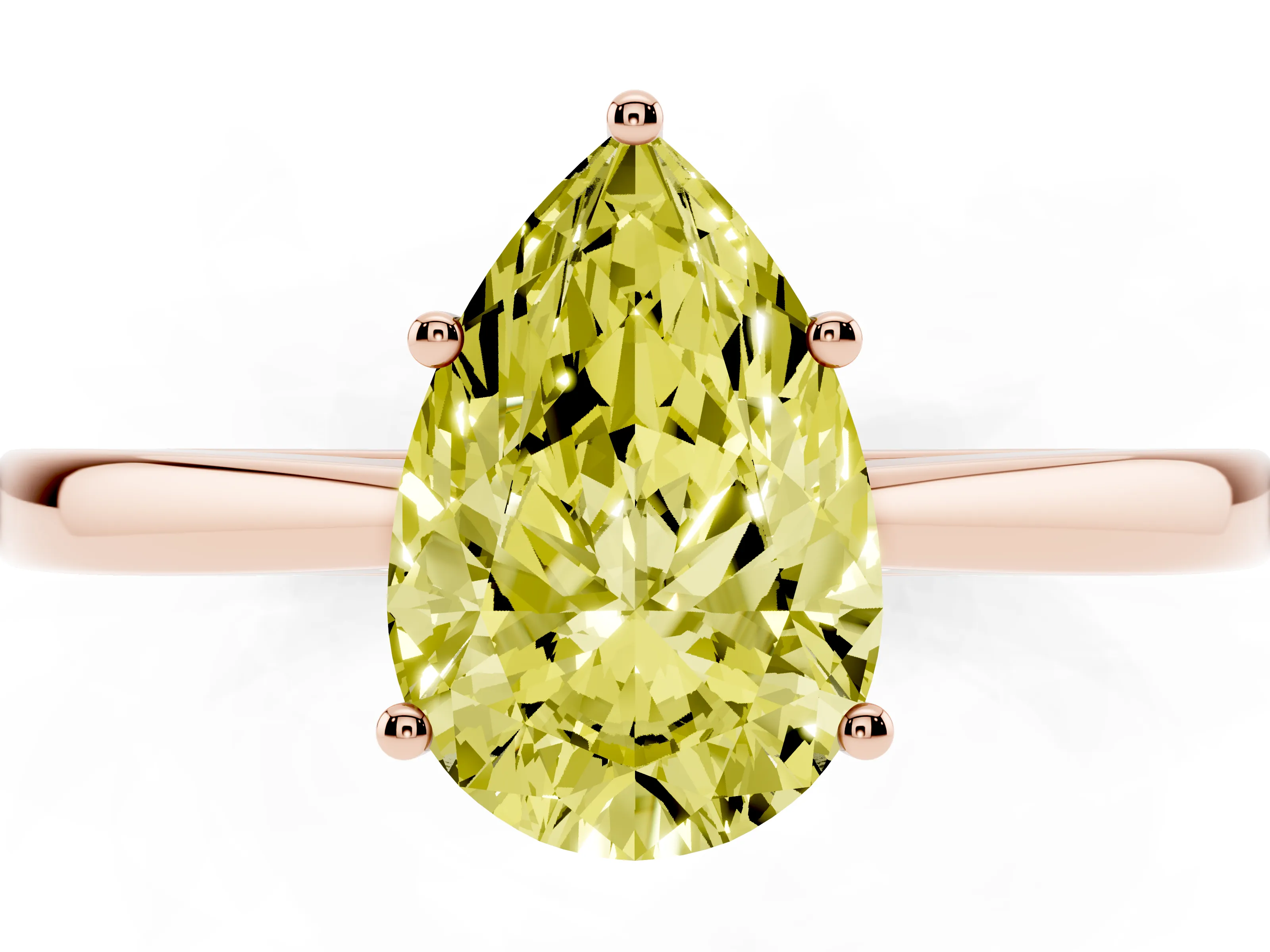 Fancy Yellow Pear Cut Diamond Solitaire Ring Set in Rose gold with Split Shank and Prong Setting