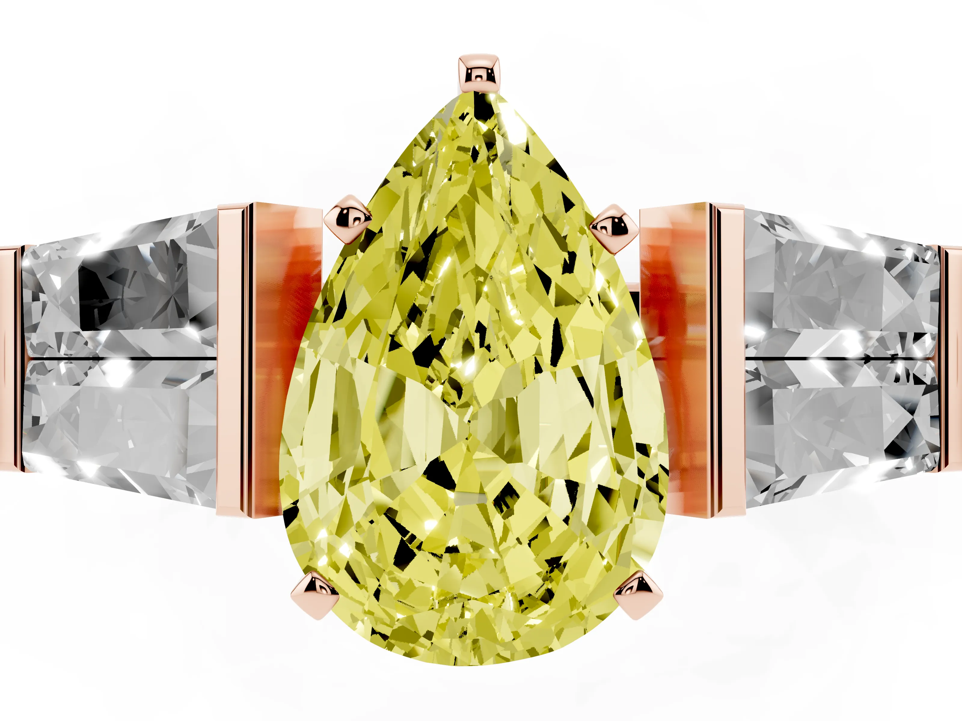 Fancy Yellow Pear Cut Diamond Engagement Ring Set in Rose gold with Baguette Side Stones and Channel Set Band