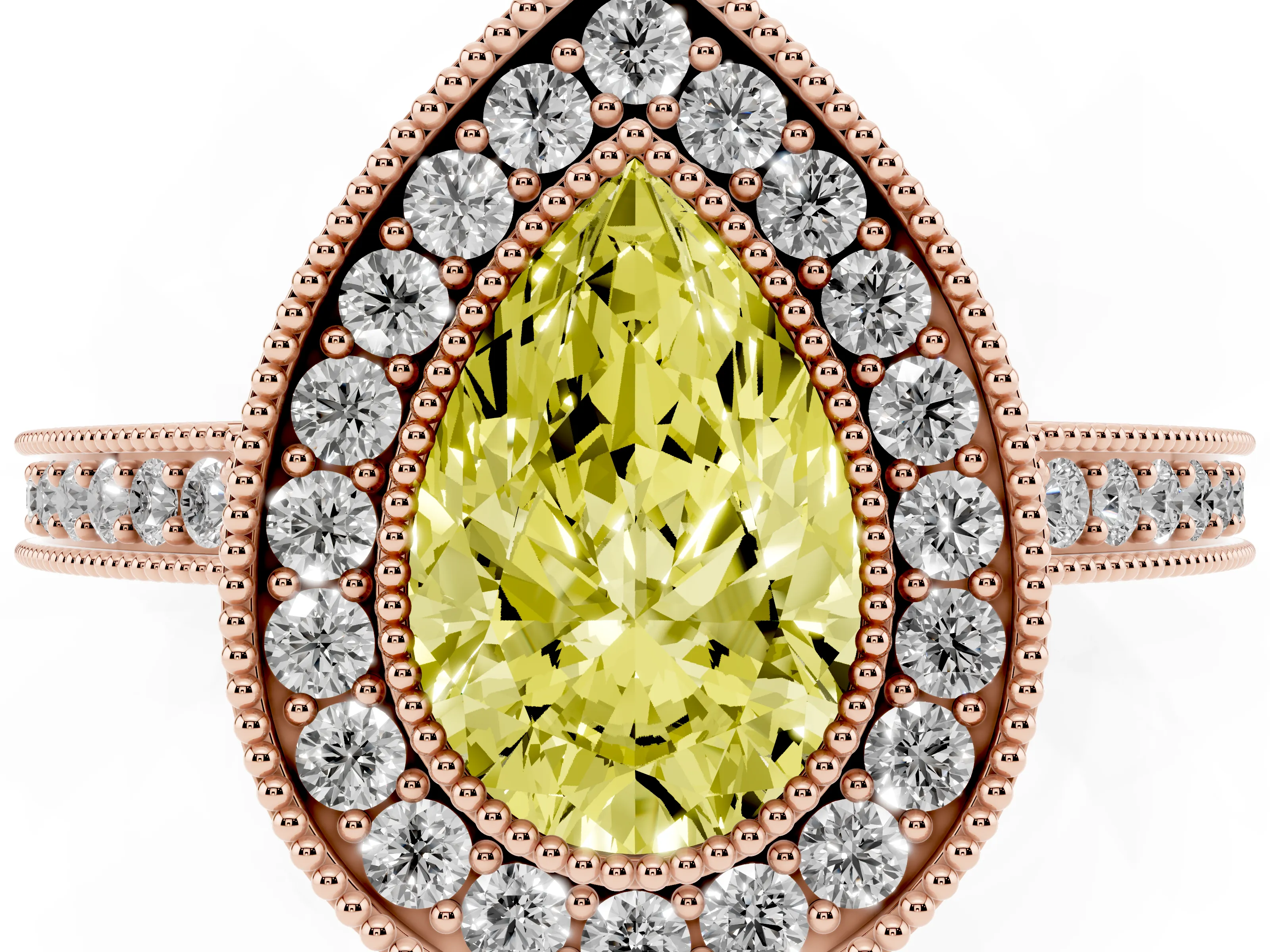 Fancy Yellow Pear Cut Diamond Round Halo Ring Set in Rose gold with Pavé Band