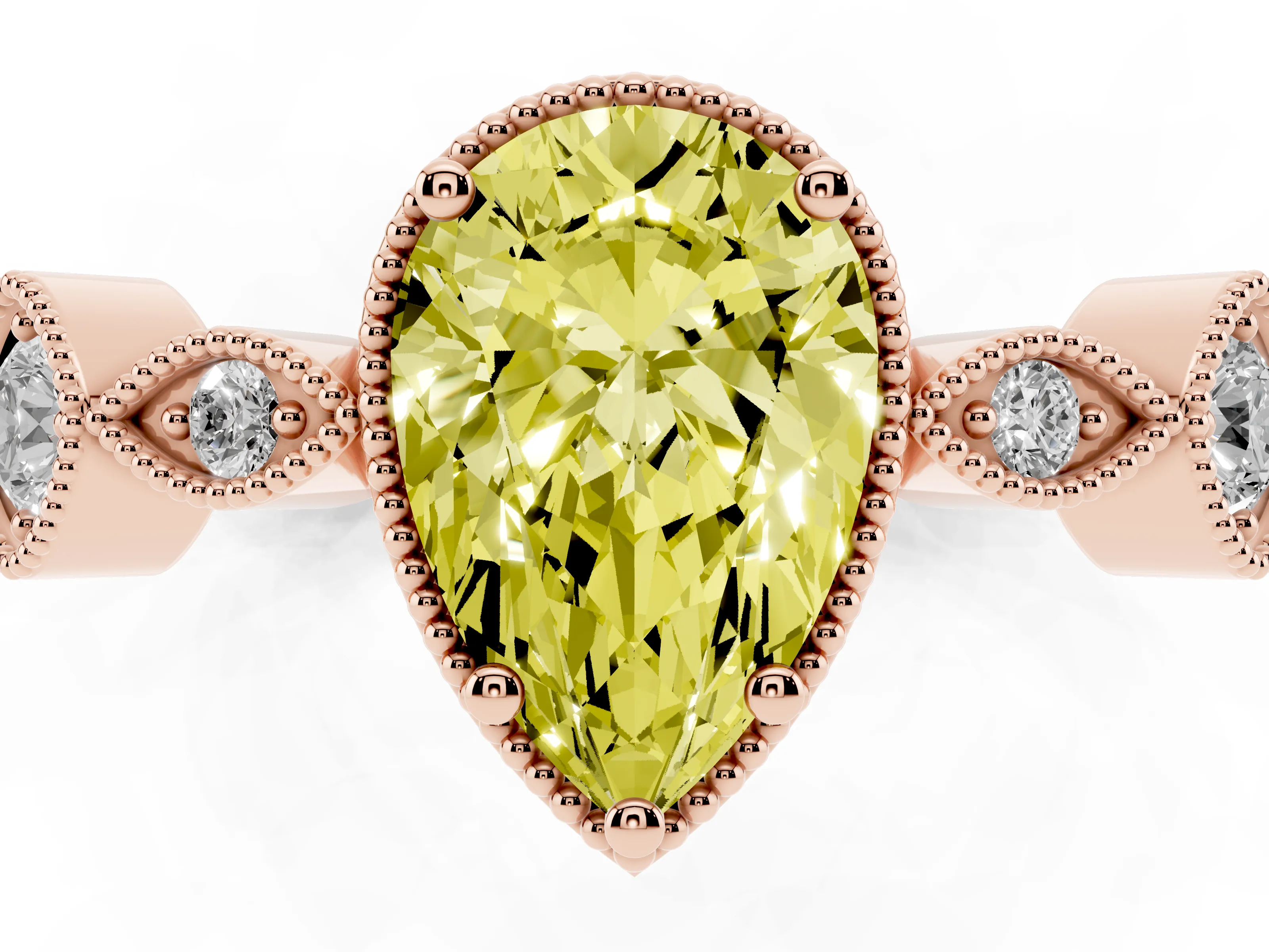 Fancy Yellow Pear Cut Diamond Vintage-Inspired Milgrain Ring Set in Rose gold with Marquise Stations of Round Accents