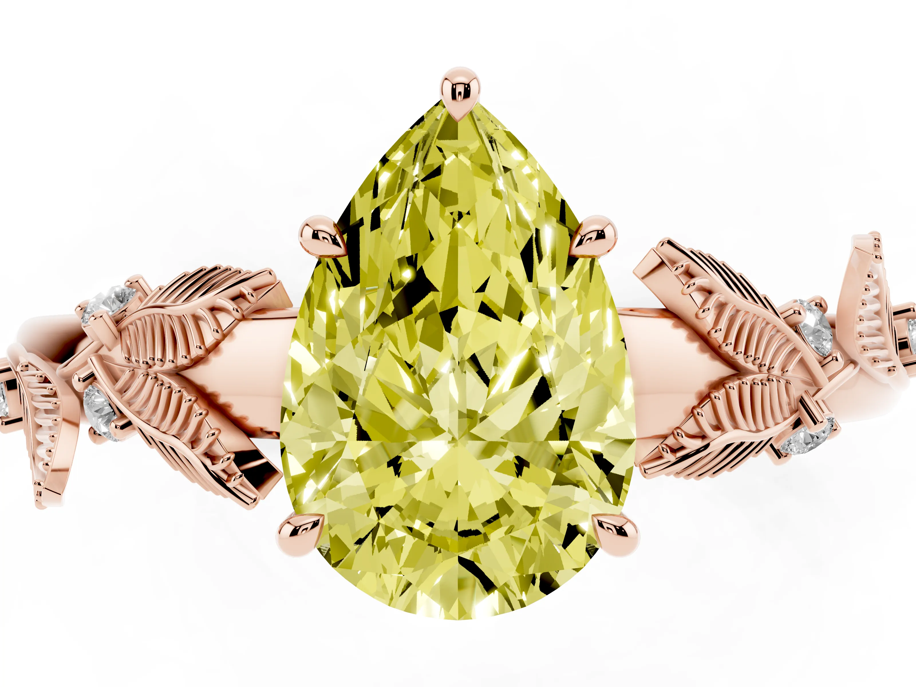 Fancy Yellow Pear Cut Diamond Solitaire Ring Set in Rose gold with Leaf Motif Band