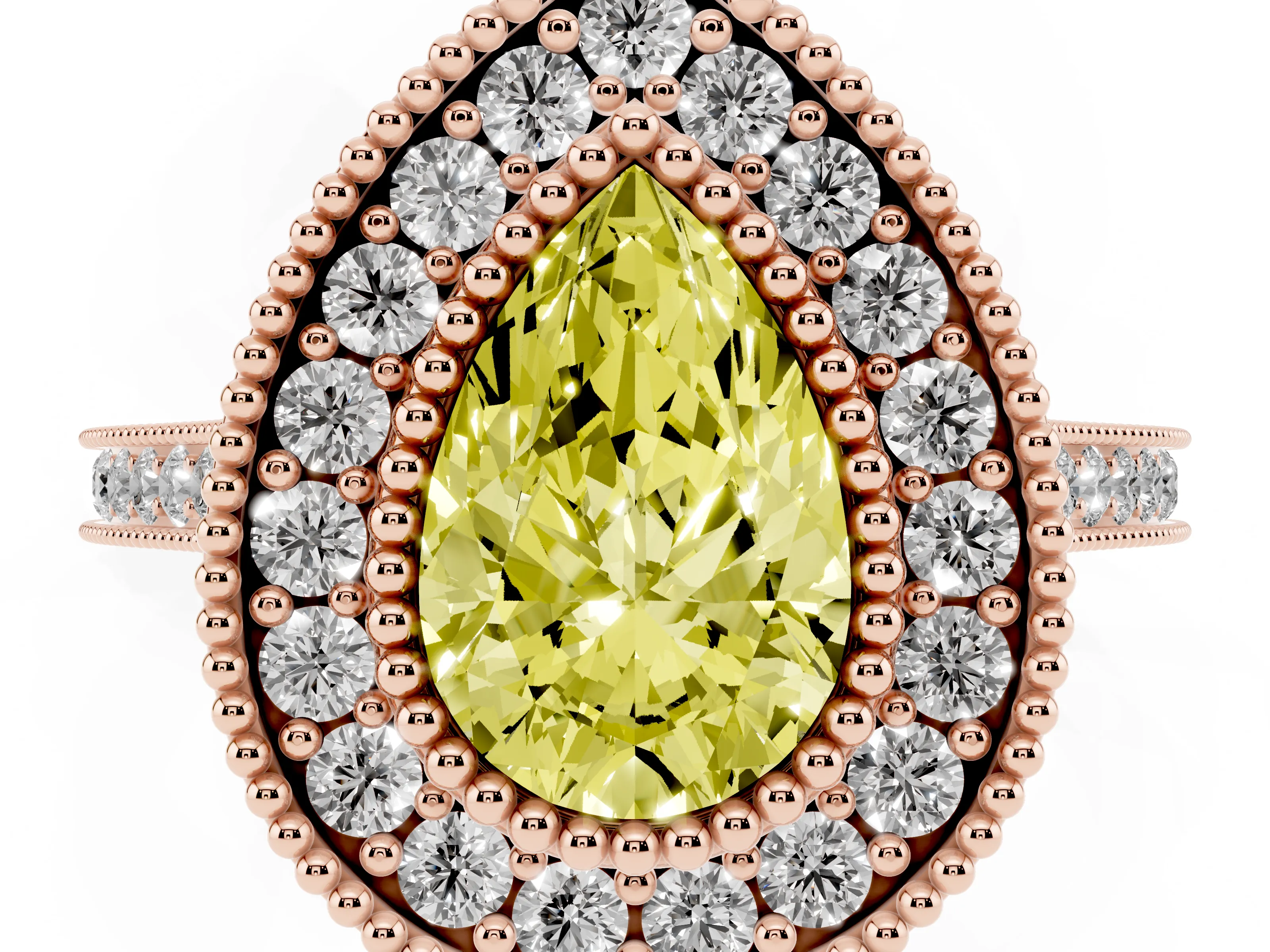 Fancy Yellow Pear Cut Diamond Halo Ring Set in Rose gold with Milgrain Frame and Pavé Band