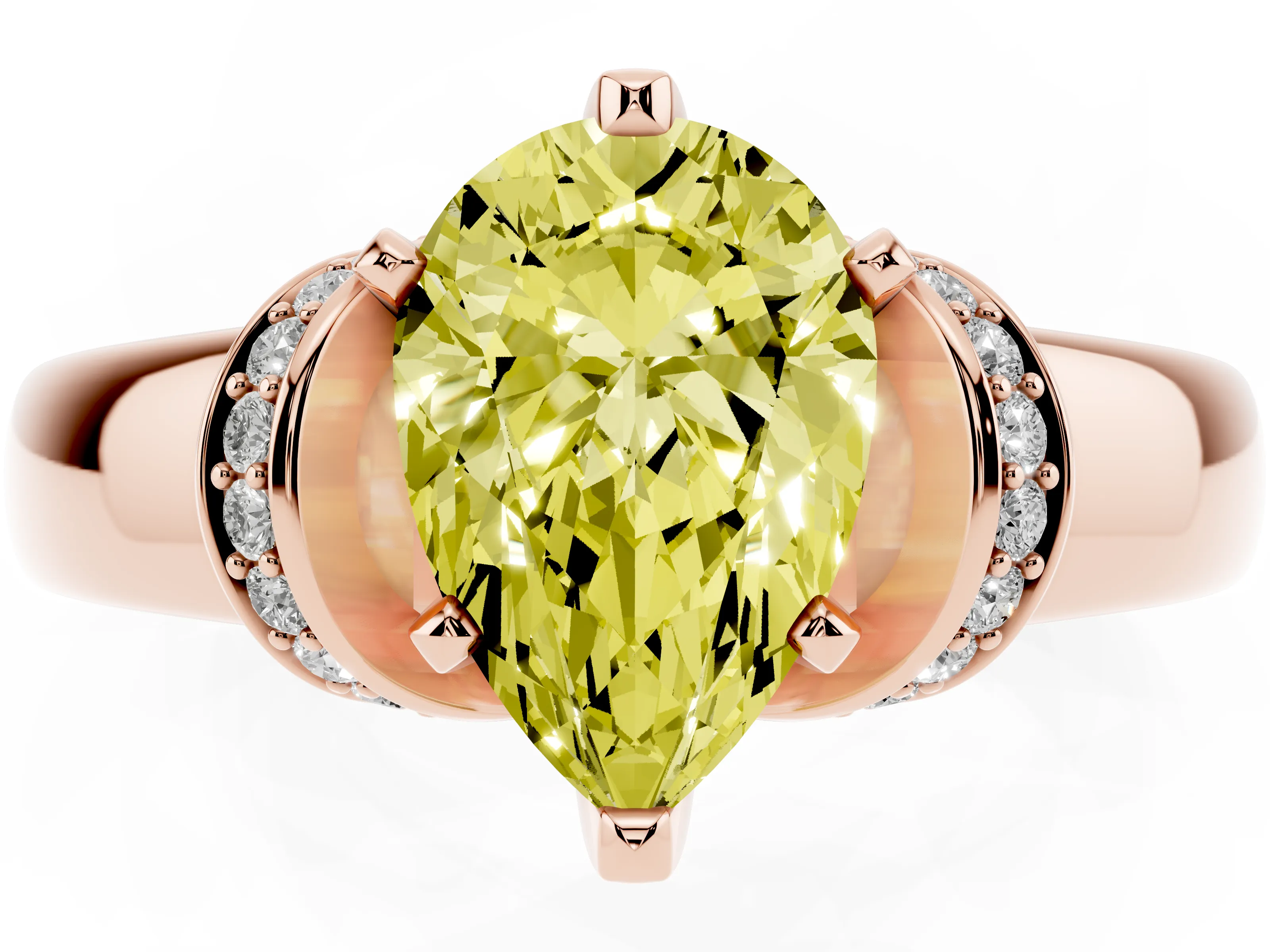 Fancy Yellow Pear Cut Diamond Pavé Band Solitaire Ring Set in Rose gold with Prong Setting