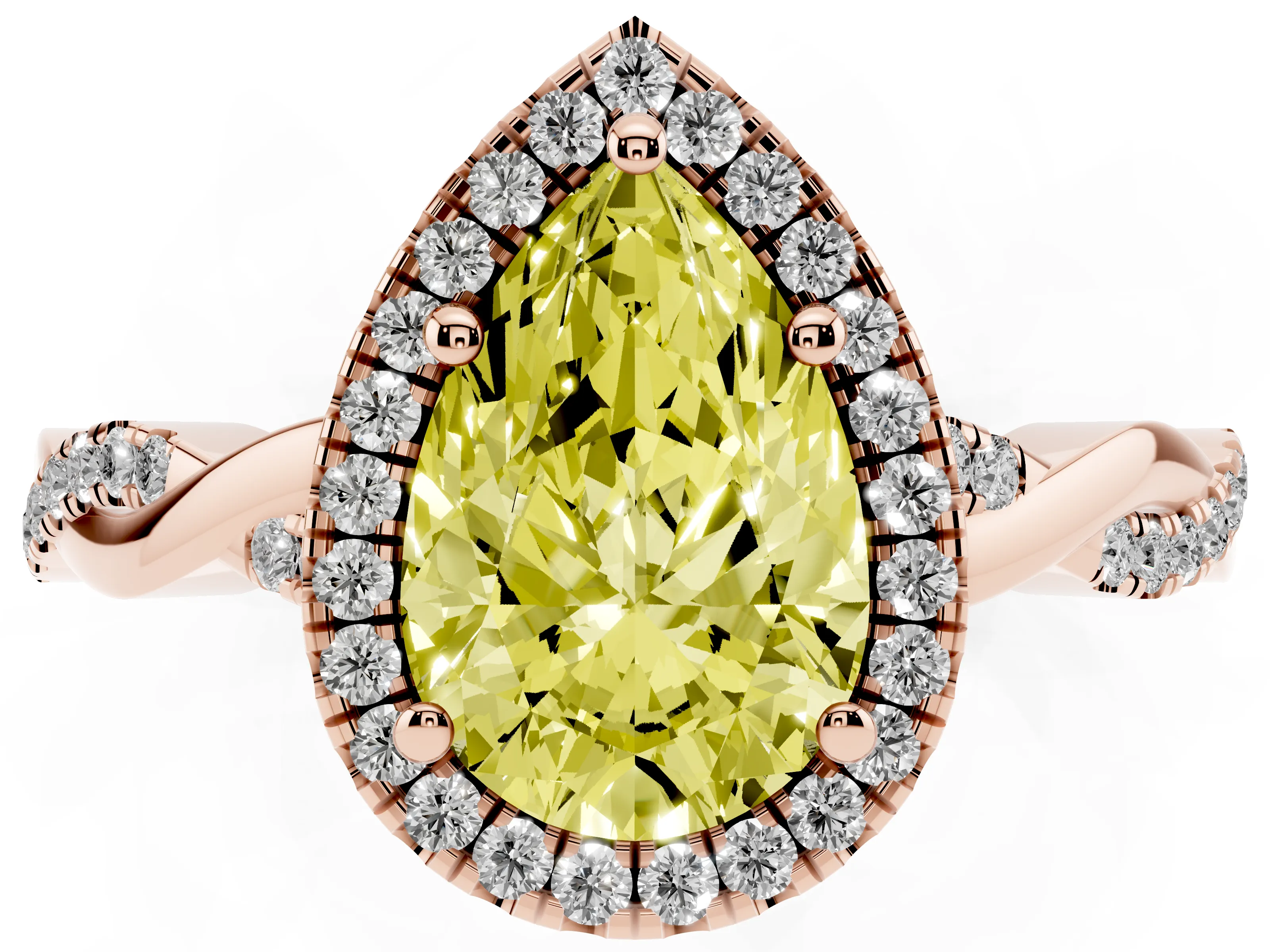 Fancy Yellow Pear Cut Diamond Halo Twisted Band Ring Set in Rose gold with Prong Setting