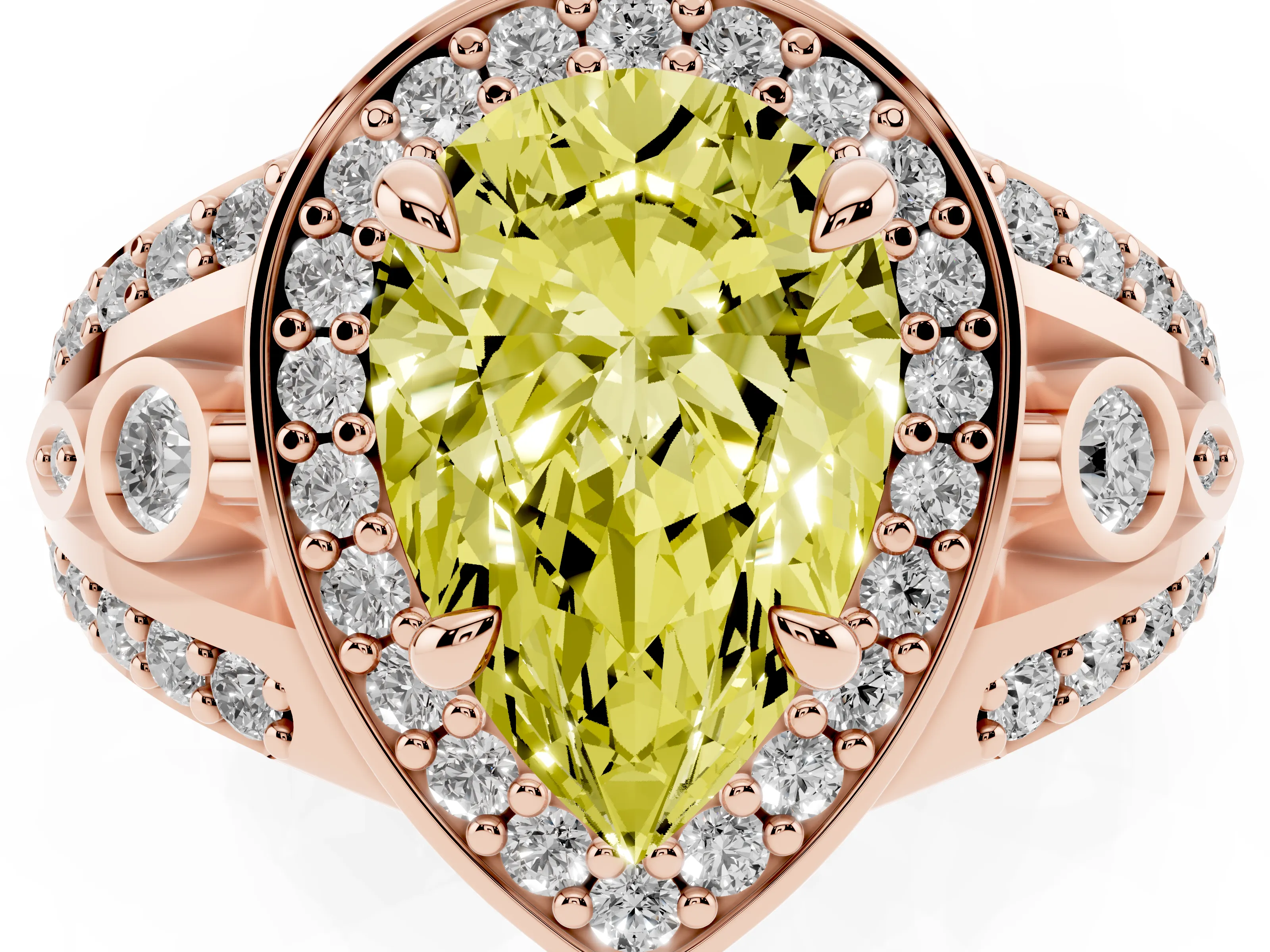 Fancy Yellow Pear Cut Diamond Halo Ring Set in Rose gold with Pavé Split Shank and Bezel Accents