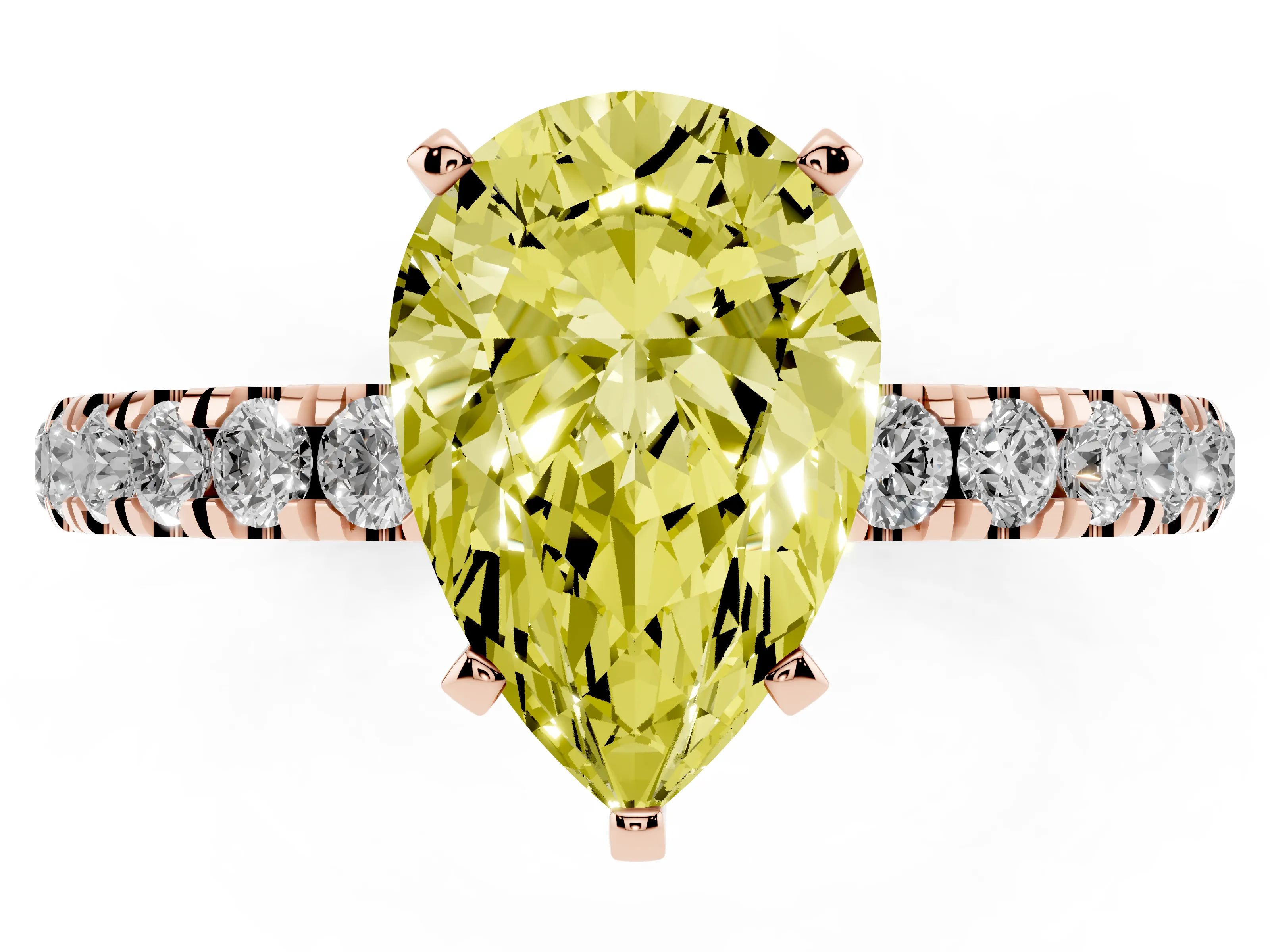 Fancy Yellow Pear Cut Diamond Solitaire Ring Set in Rose gold with Pavé Accents and Prong Setting