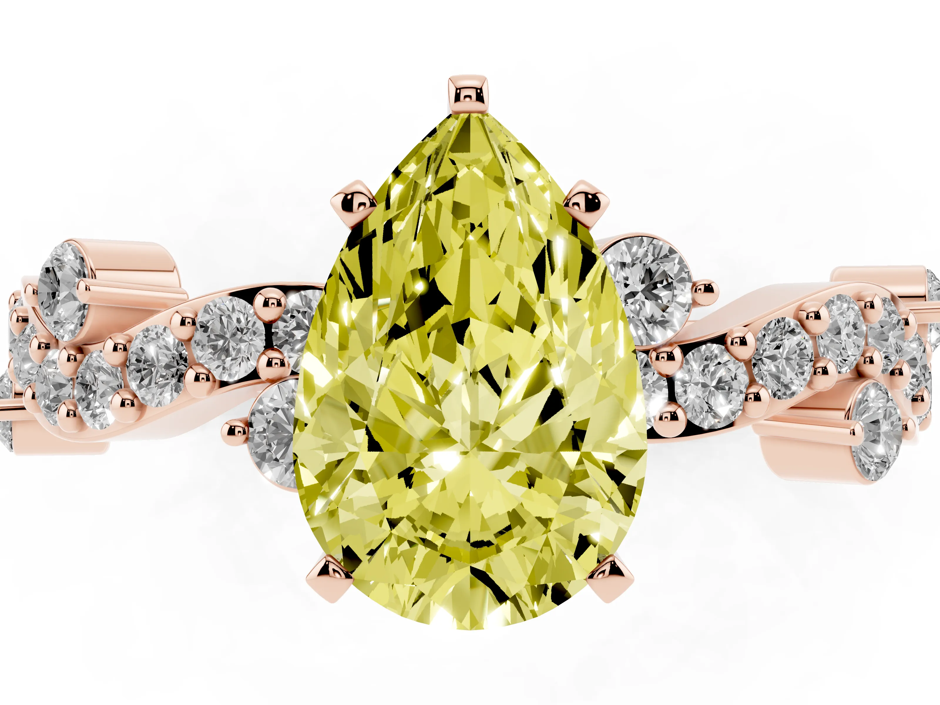 Fancy Yellow Pear Cut Diamond Solitaire Twisted Band Set in Rose gold with Pavé Setting