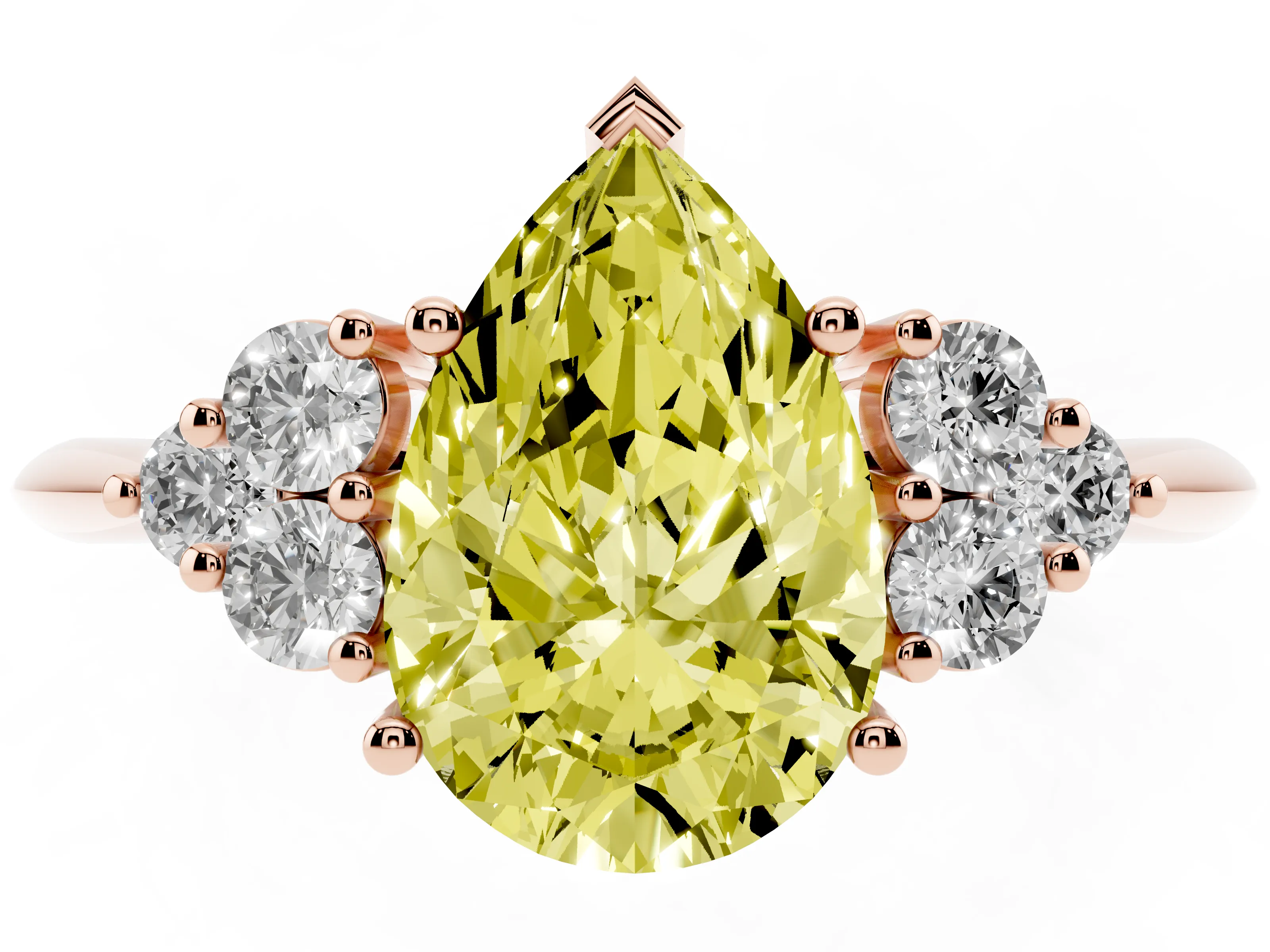 Fancy Yellow Pear Cut Diamond Cluster Ring Set in Rose gold with Plain Band and Prong Setting