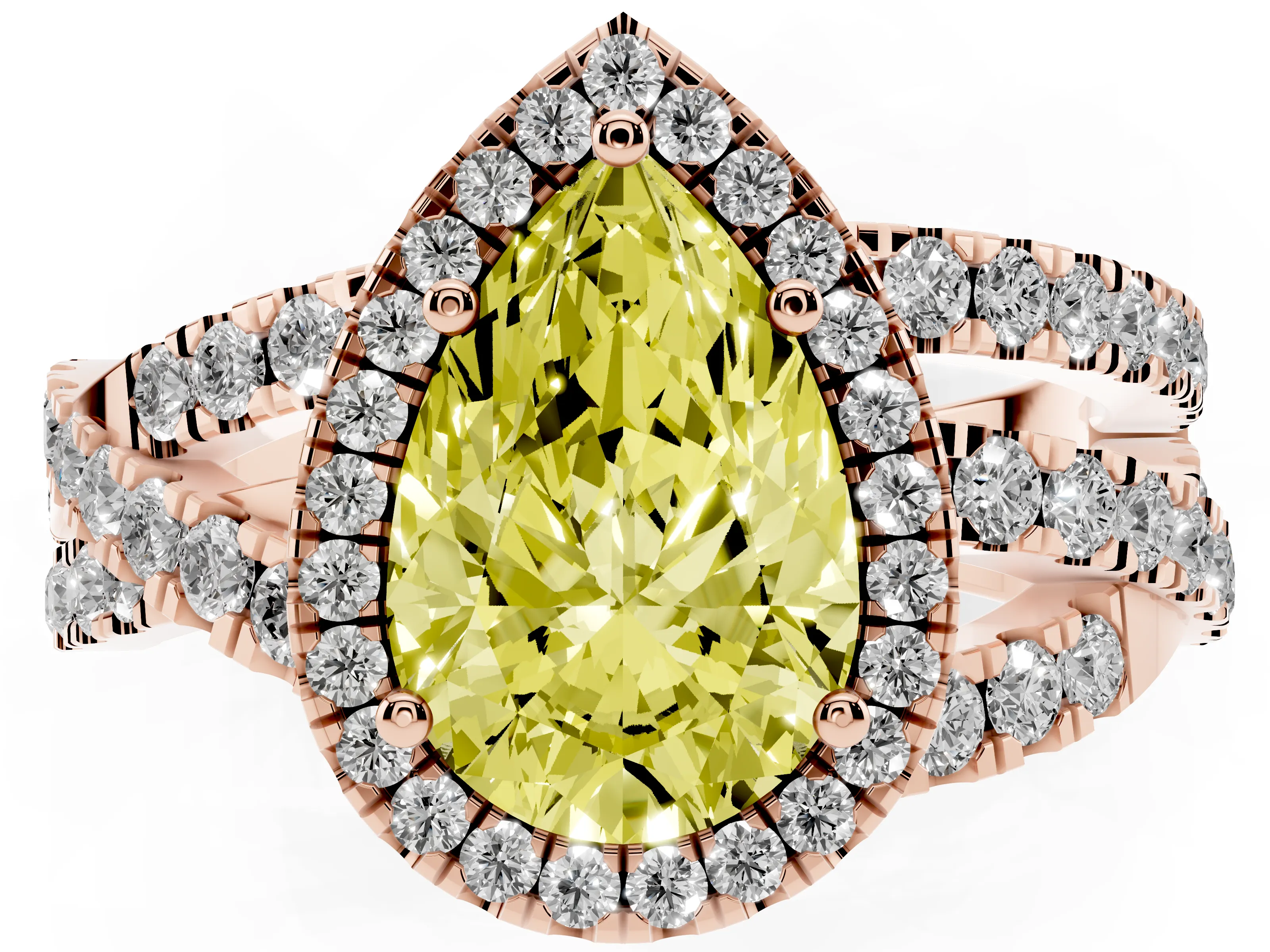 Fancy Yellow Pear Cut Diamond Halo Ring Set in Rose gold with Round Crossover Split Shank and Prong Setting
