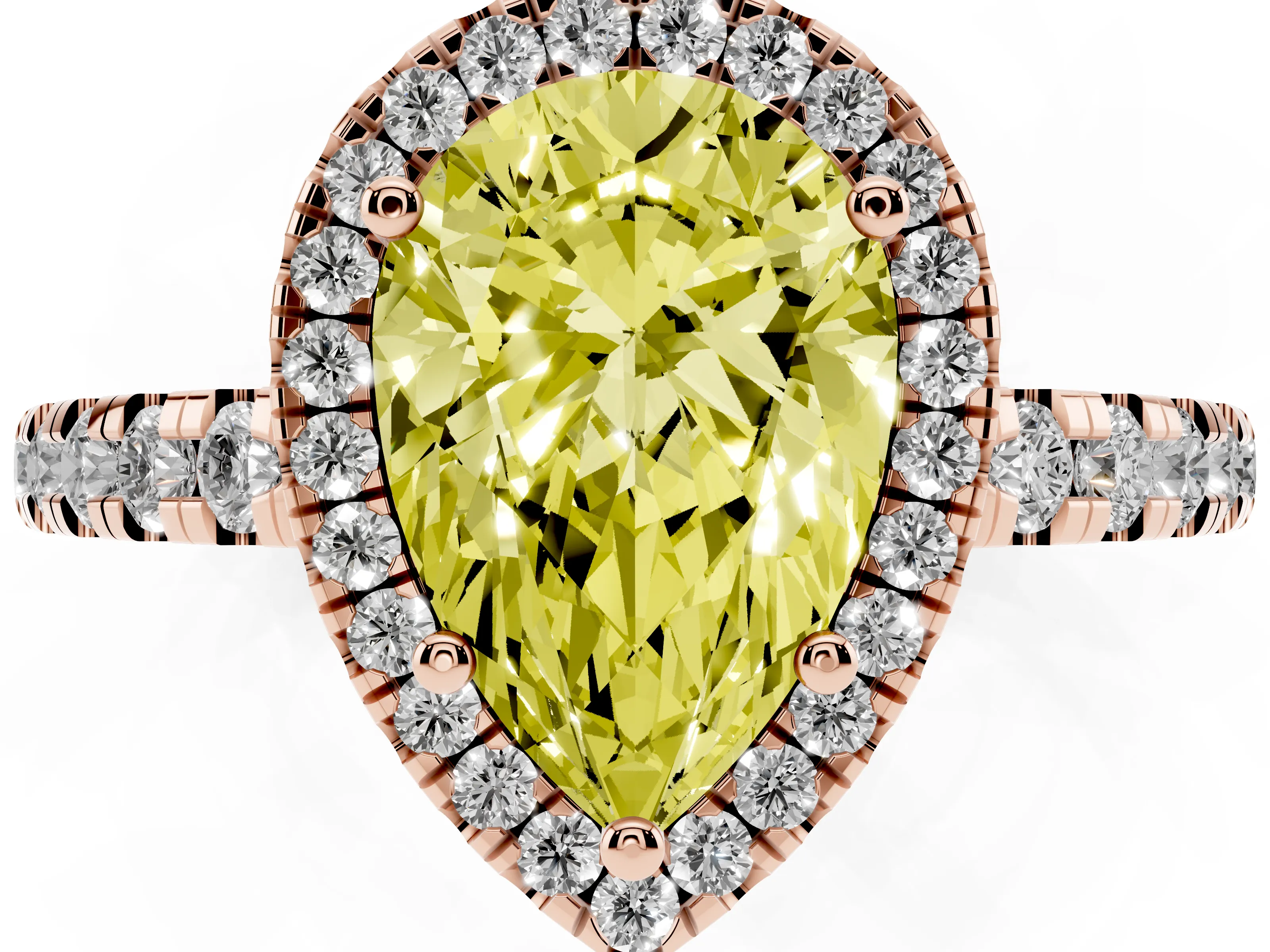 Fancy Yellow Pear Cut Diamond Halo Ring Set in Rose gold with Delicate Pavé Band and Prong Setting