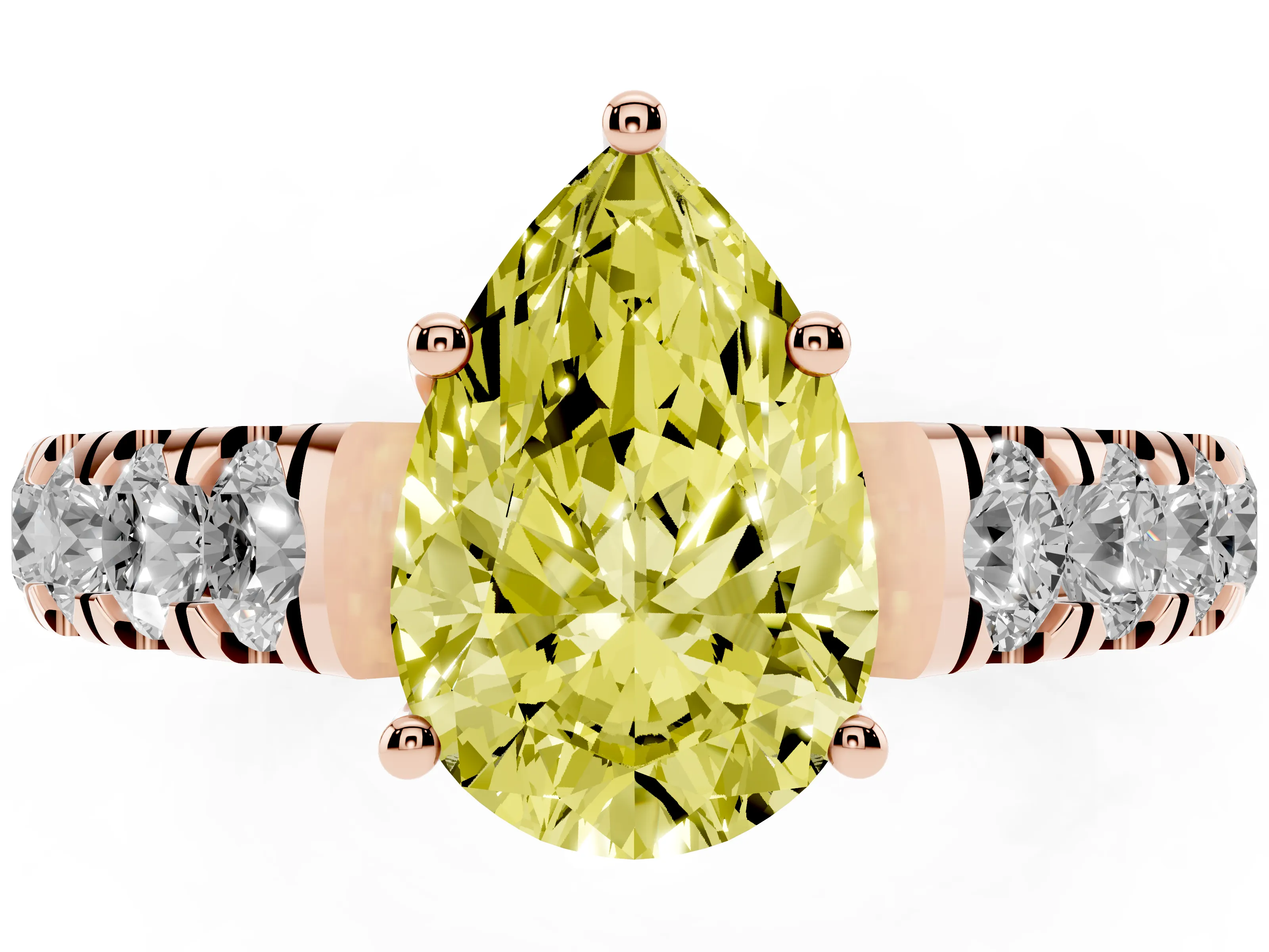 Fancy Yellow Pear Cut Diamond Solitaire Ring Set in Rose gold with Cut-Down Micro Pavé Band and Prong Setting