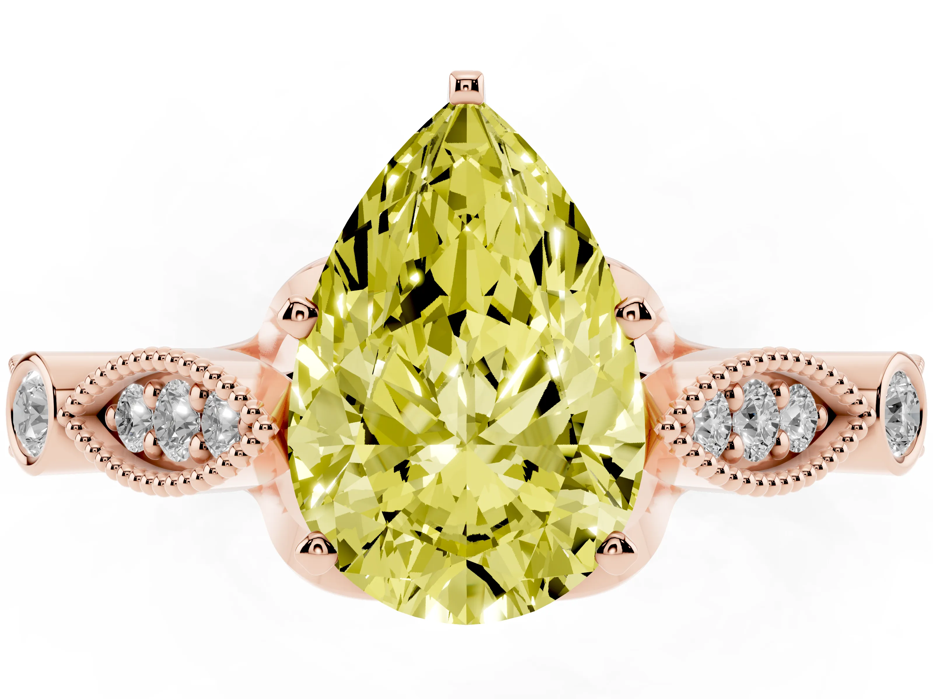 Fancy Yellow Pear Cut Diamond Solitaire Ring Set in Rose gold with Milgrain Marquise and Bezel Accents