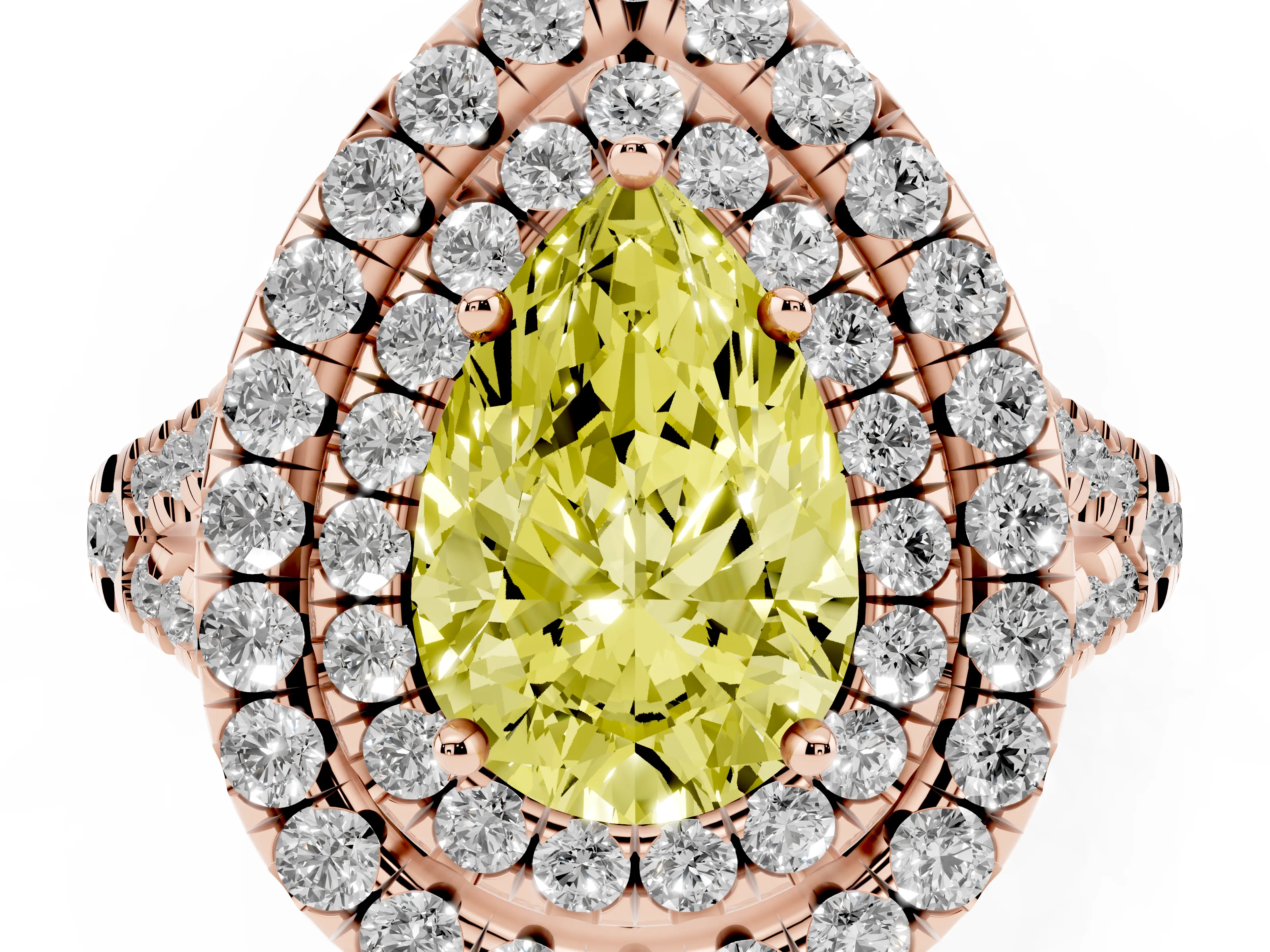 Fancy Yellow Pear Cut Diamond Double Halo Ring Set in Rose gold with Pavé Split Shank and Prong Setting