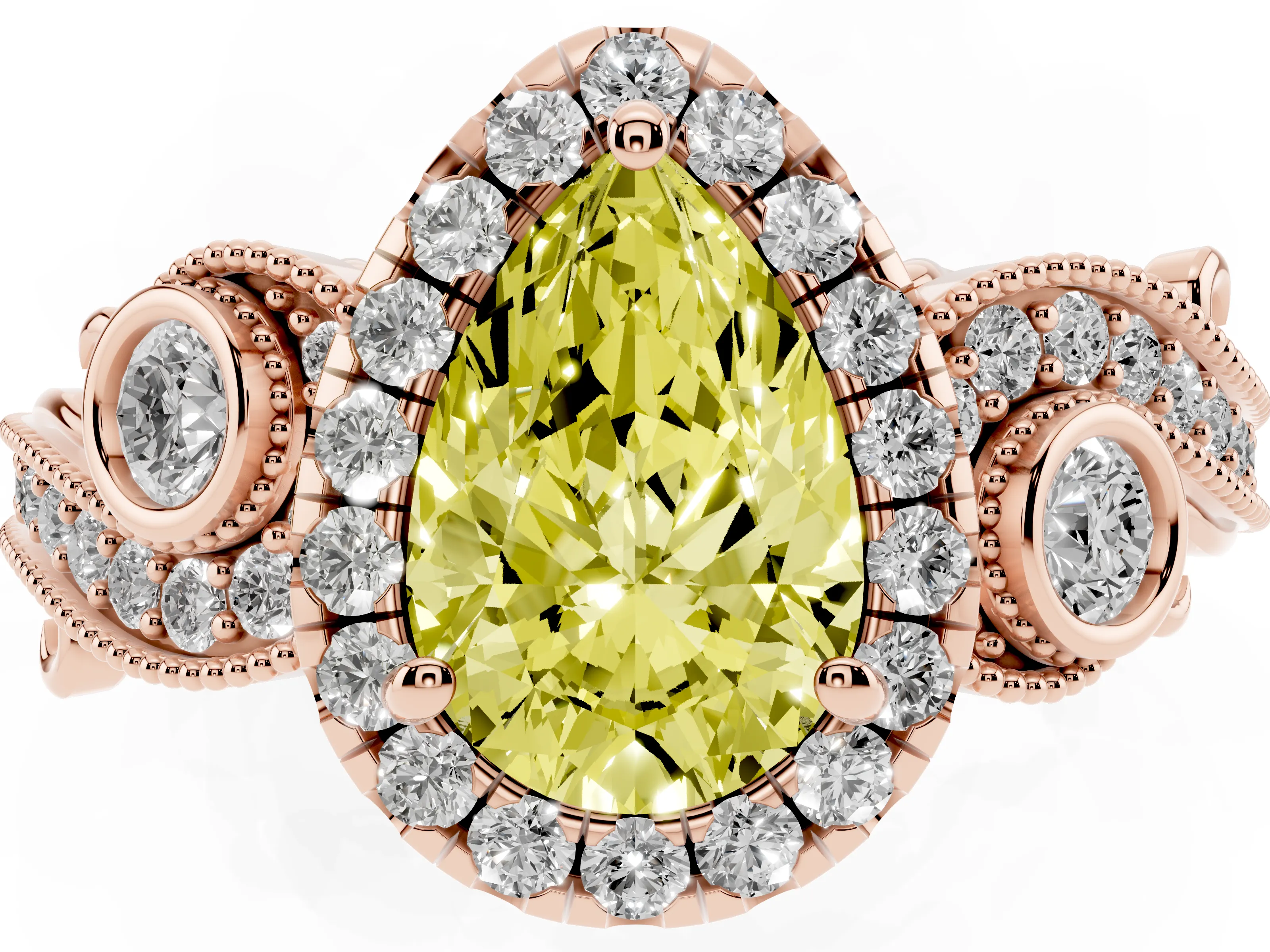 Fancy Yellow Pear Cut Diamond Halo Ring Set in Rose gold with Milgrain Pavé Band and Prong Setting
