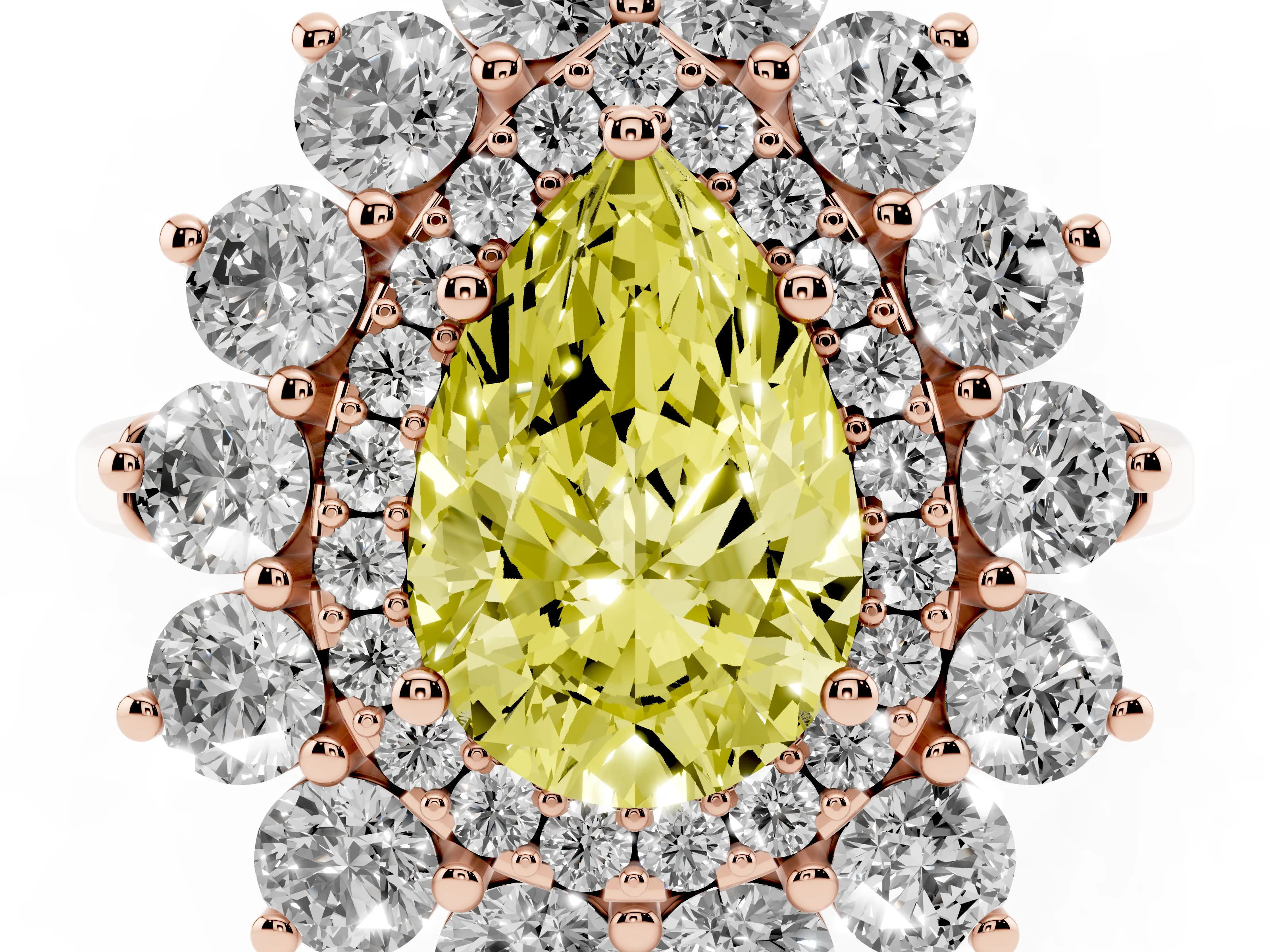 Fancy Yellow Pear Cut Diamond Floral Double Halo Ring Set in Rose gold with Round Petals