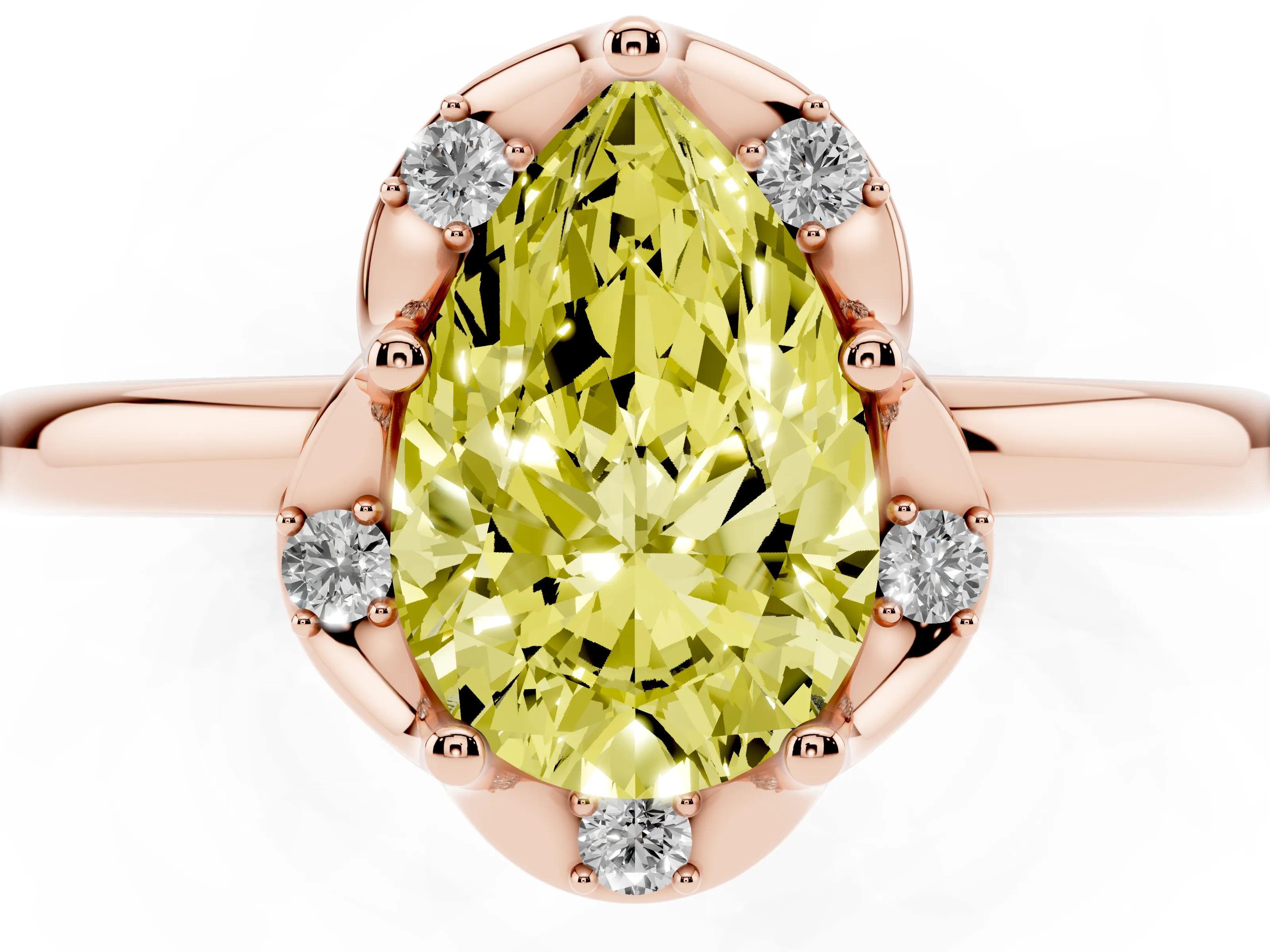 Fancy Yellow Pear Cut Diamond Round Cluster Halo Ring Set in Rose gold with Solitaire Band and Prong Setting