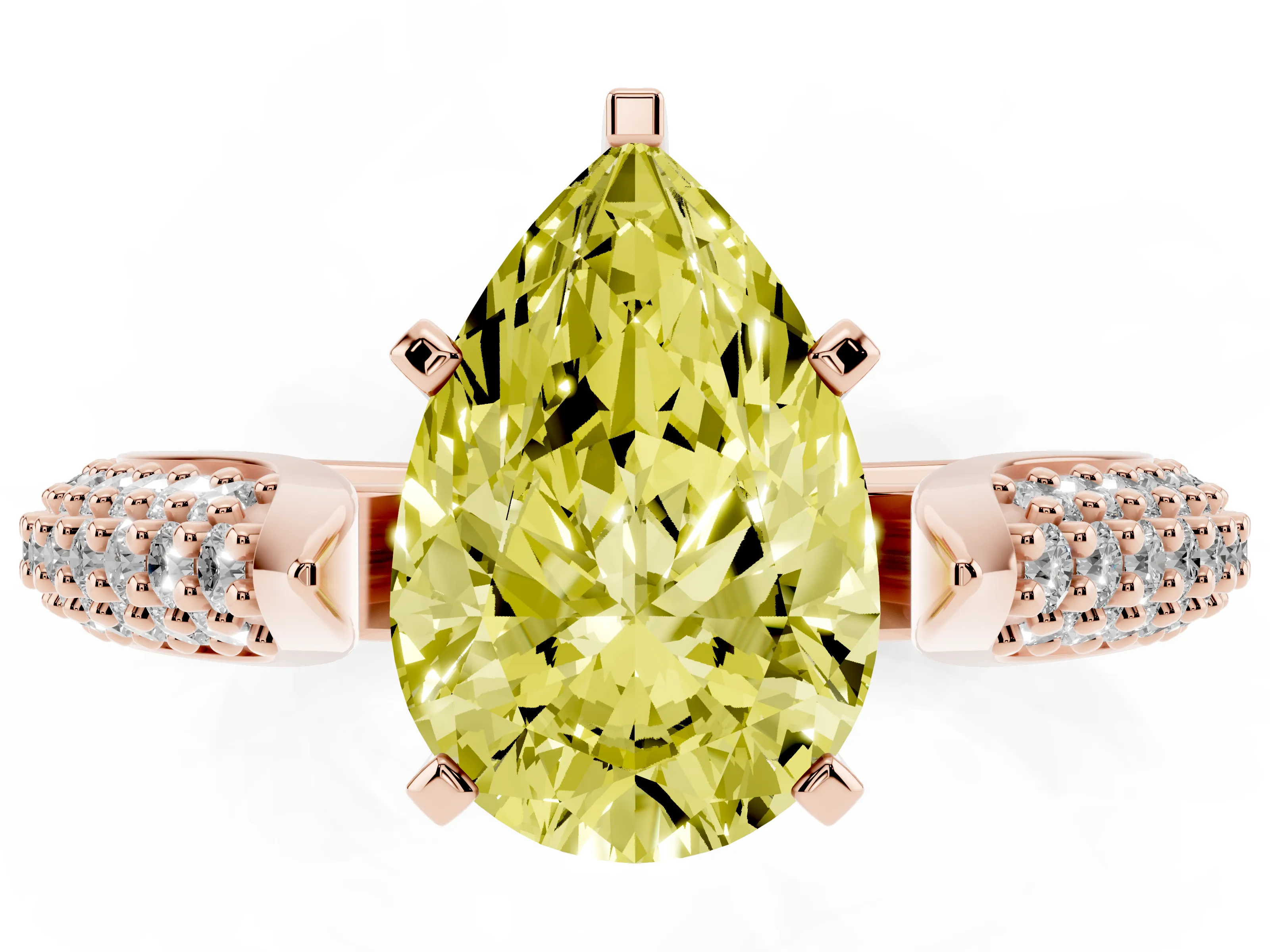 Fancy Yellow Pear Cut Diamond Solitaire Engagement Ring Set in Rose gold with Multi-Row Round Pavé Band and Prong Setting