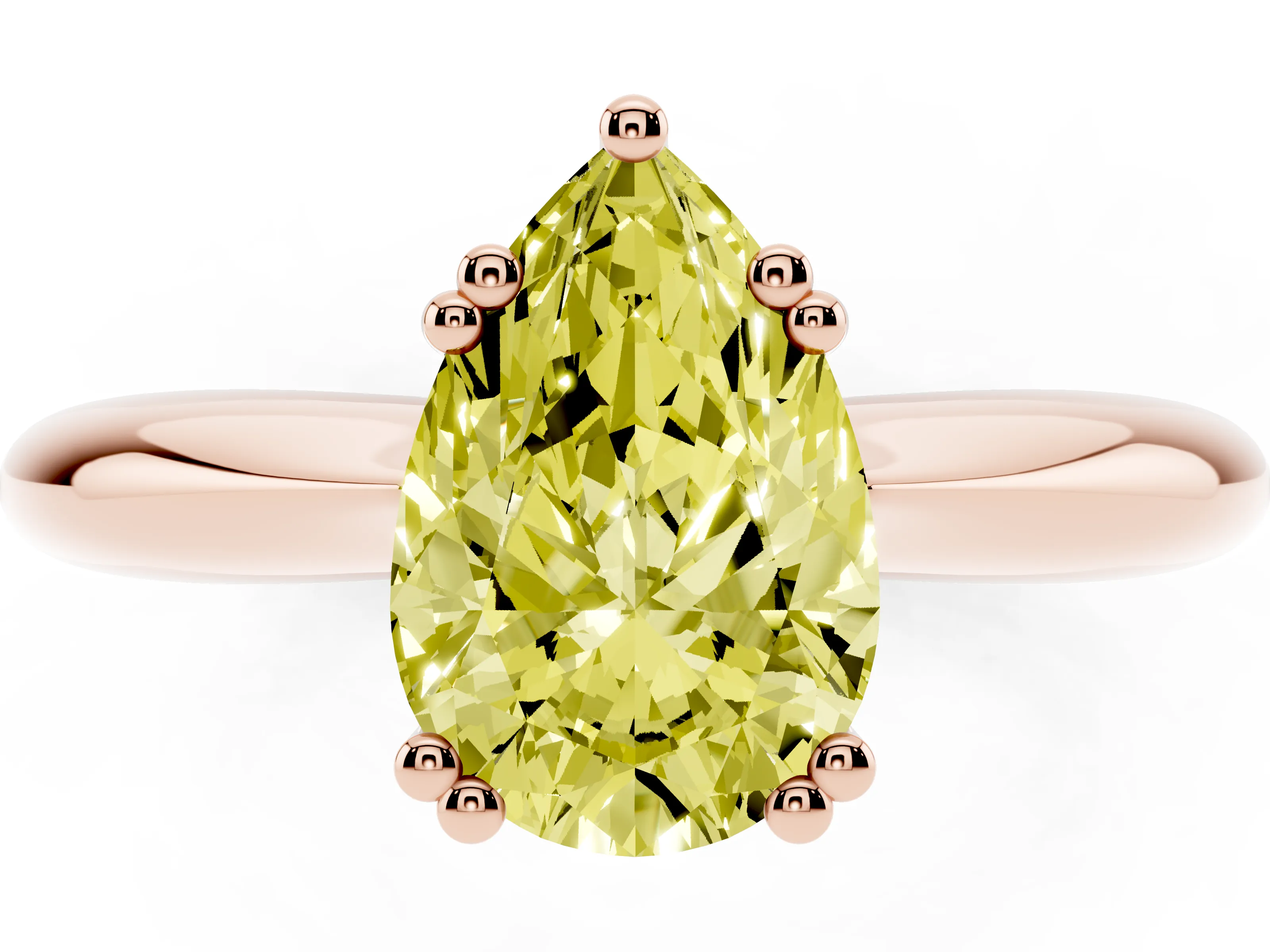 Fancy Yellow Pear Cut Diamond Solitaire Engagement Ring Set in Rose gold with Tapered Band and Prong Setting
