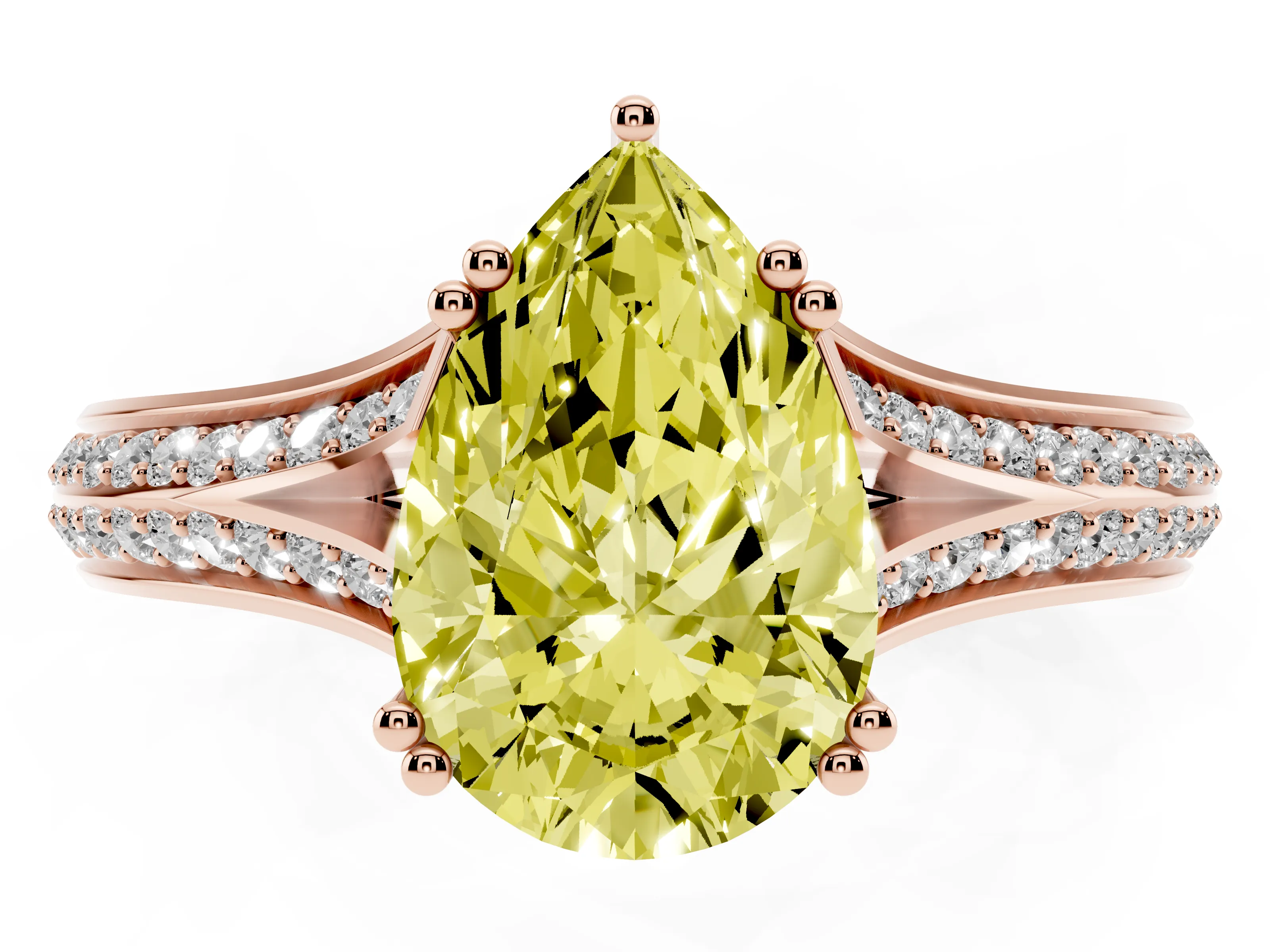 Fancy Yellow Pear Cut Diamond Split Shank Pavé Engagement Ring Set in Rose gold with Prong-Set Center Stone
