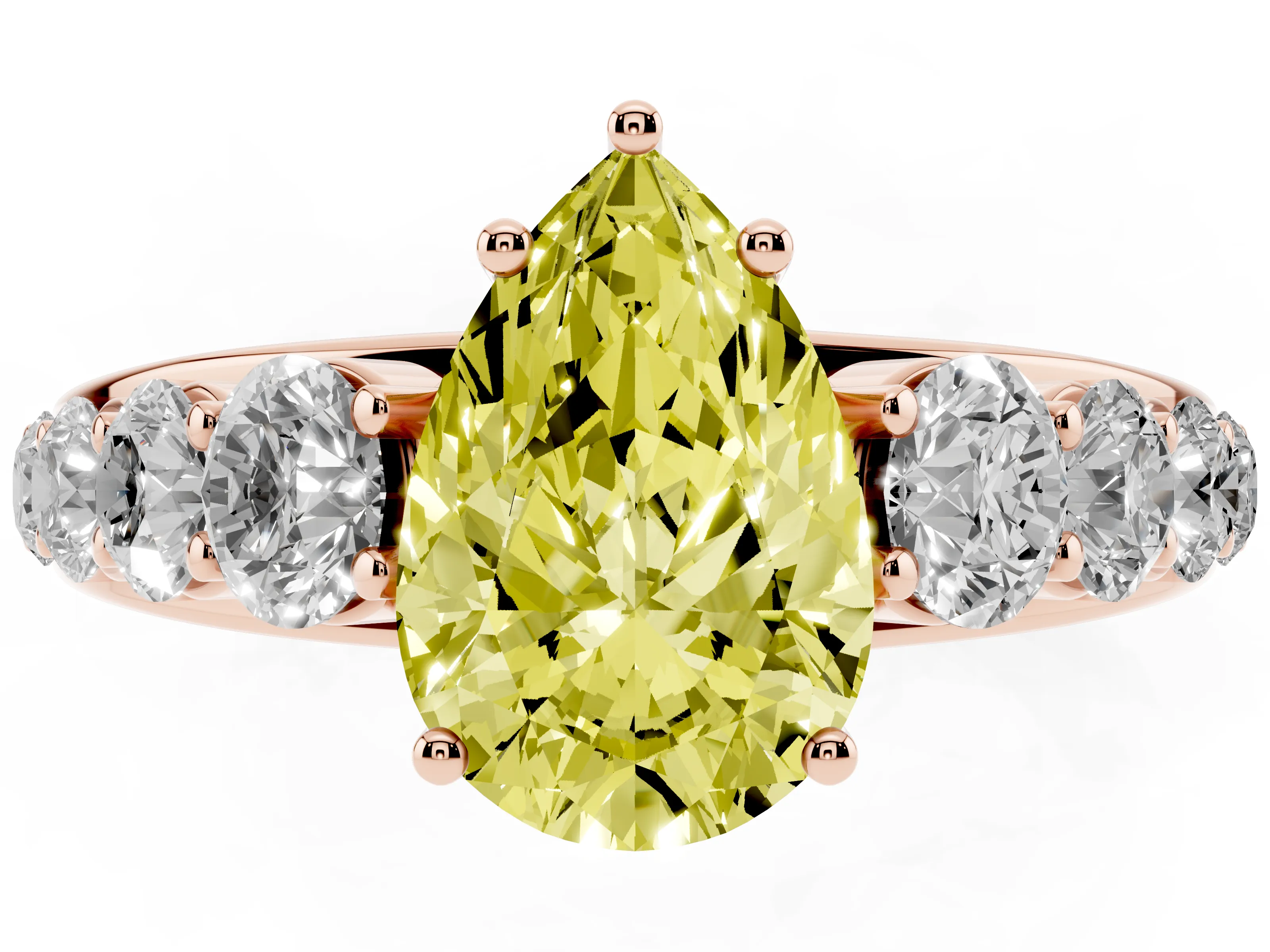 Fancy Yellow Pear Cut Diamond Solitaire Ring Set in Rose gold with Pavé-Set Band and Prong Setting