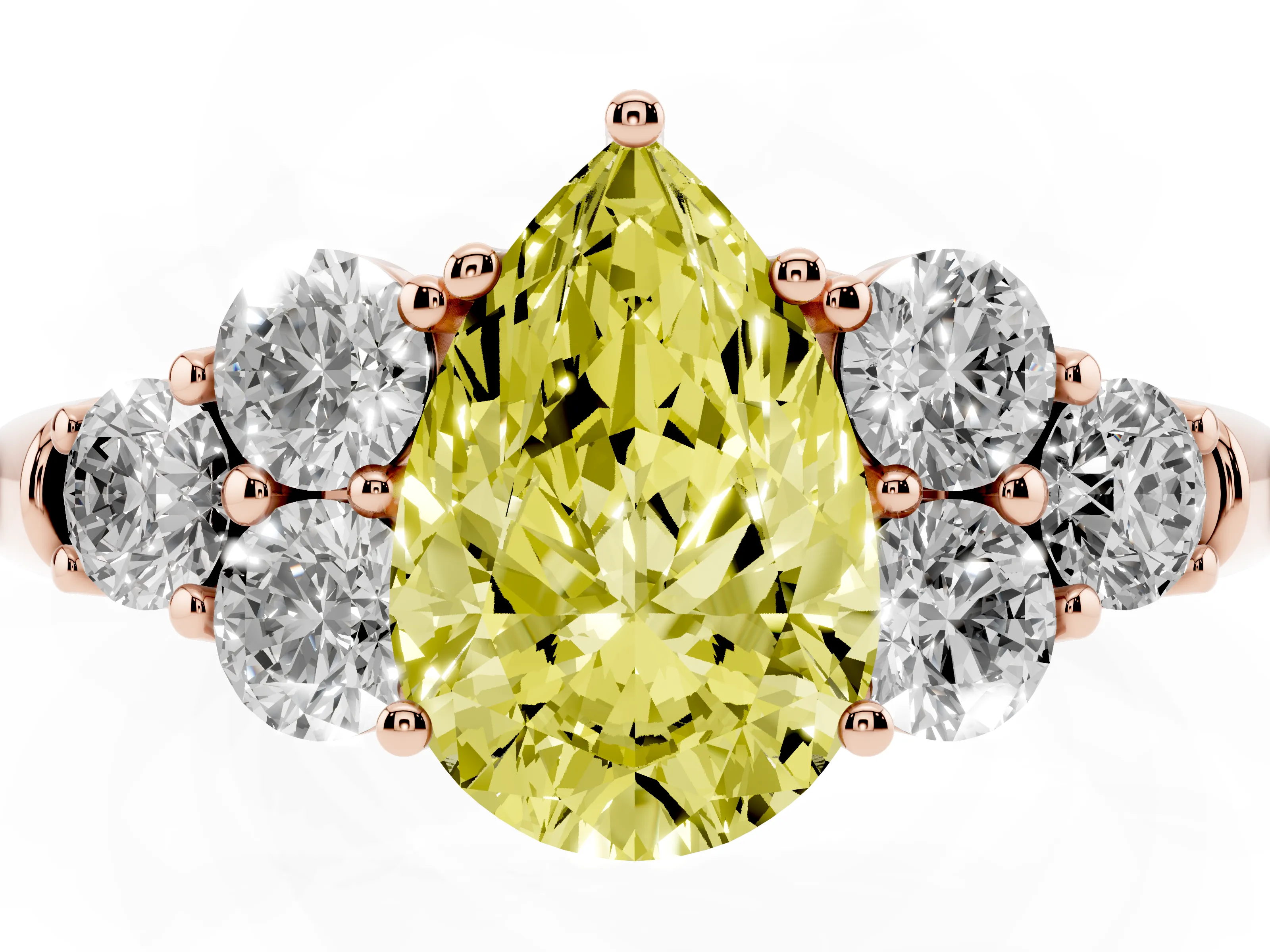 Fancy Yellow Pear Cut Diamond Cluster Ring Set in Rose gold with Round Accent Stones and Prong Setting on a Plain Band