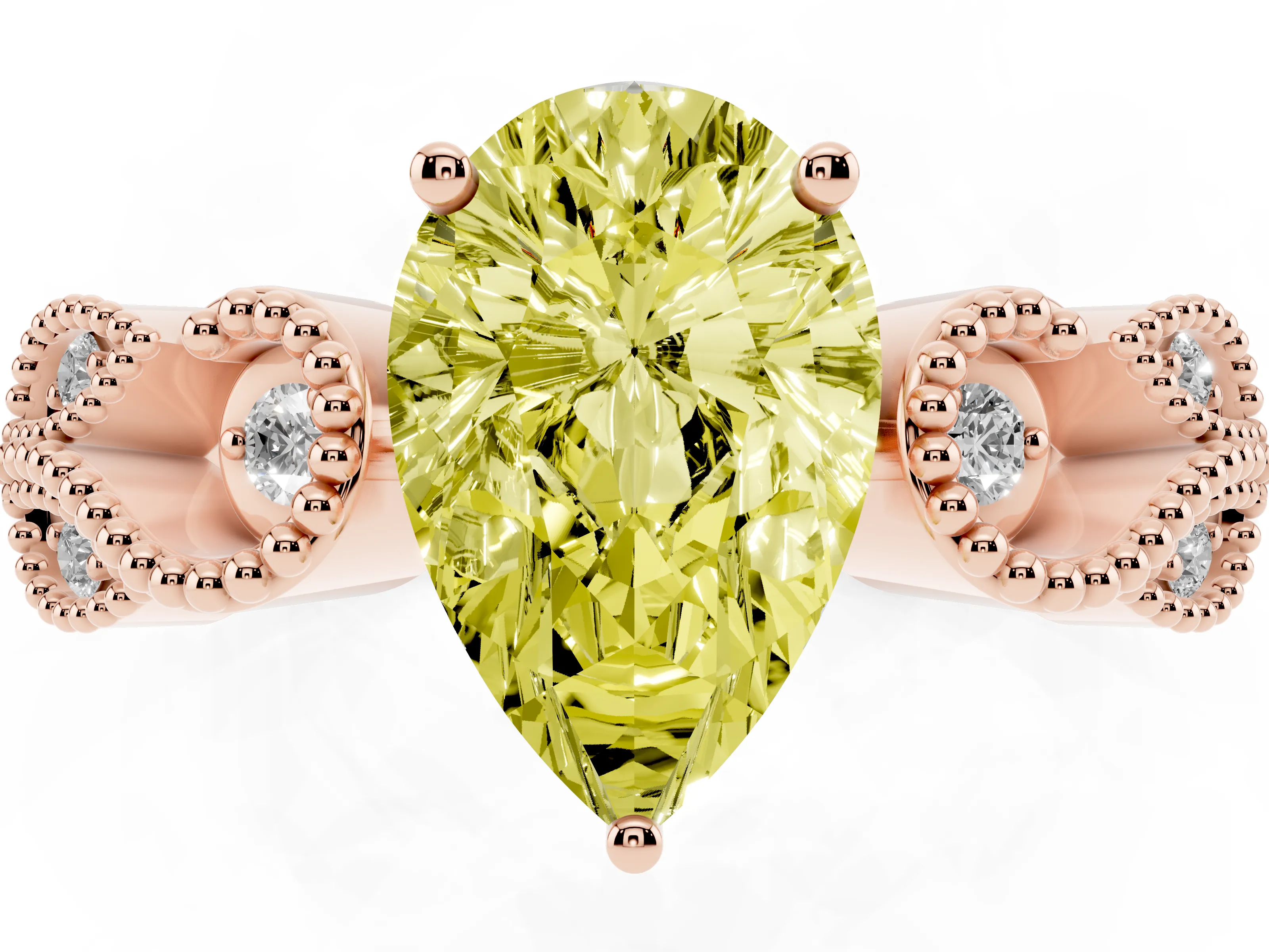 Fancy Yellow Pear Cut Diamond Milgrain Leaf Band Solitaire Ring Set in Rose gold with Accent Stones and Prong Setting