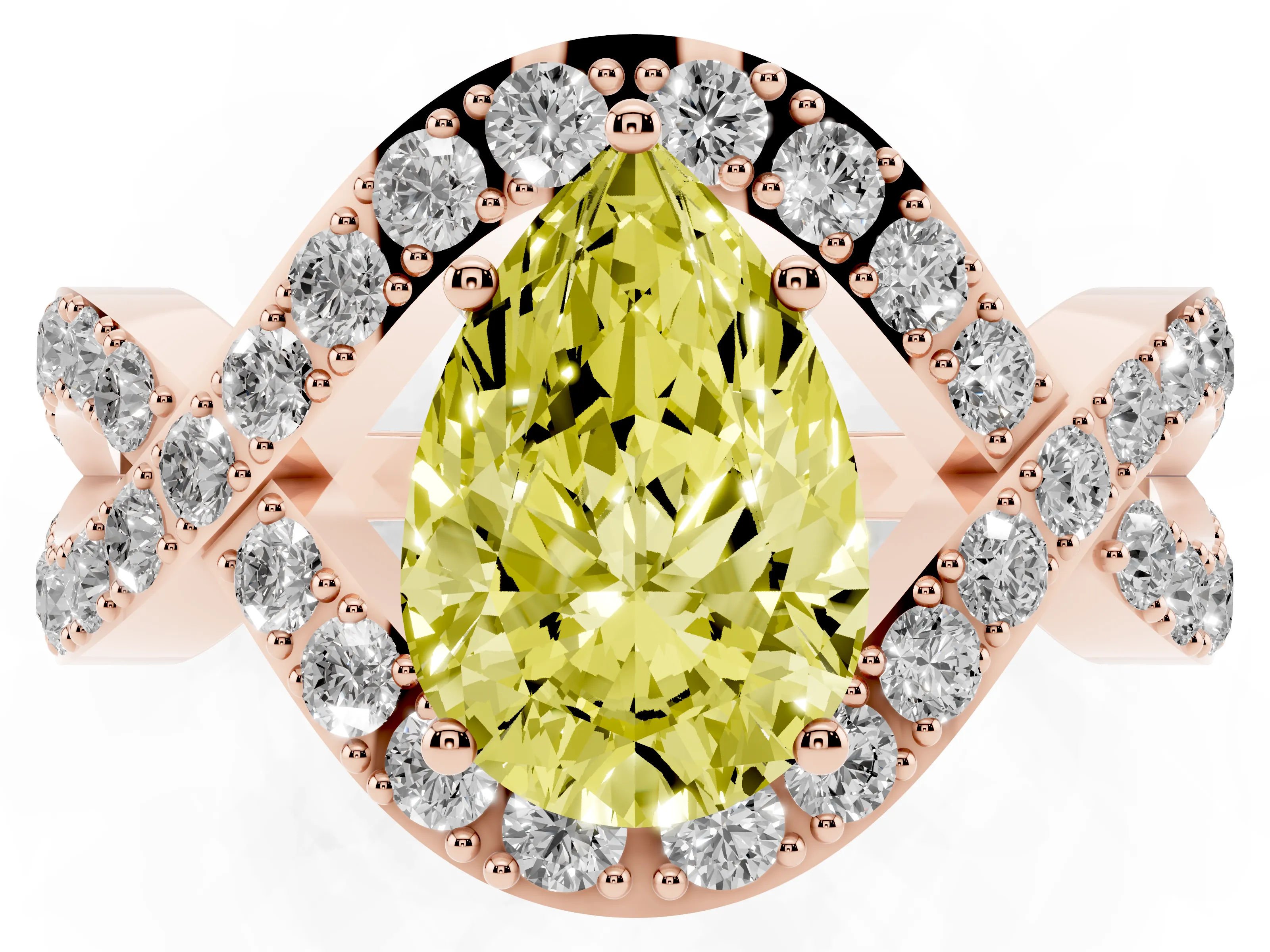 Fancy Yellow Pear Cut Diamond Solitaire Twist Band Pavé Engagement Ring Set in Rose gold