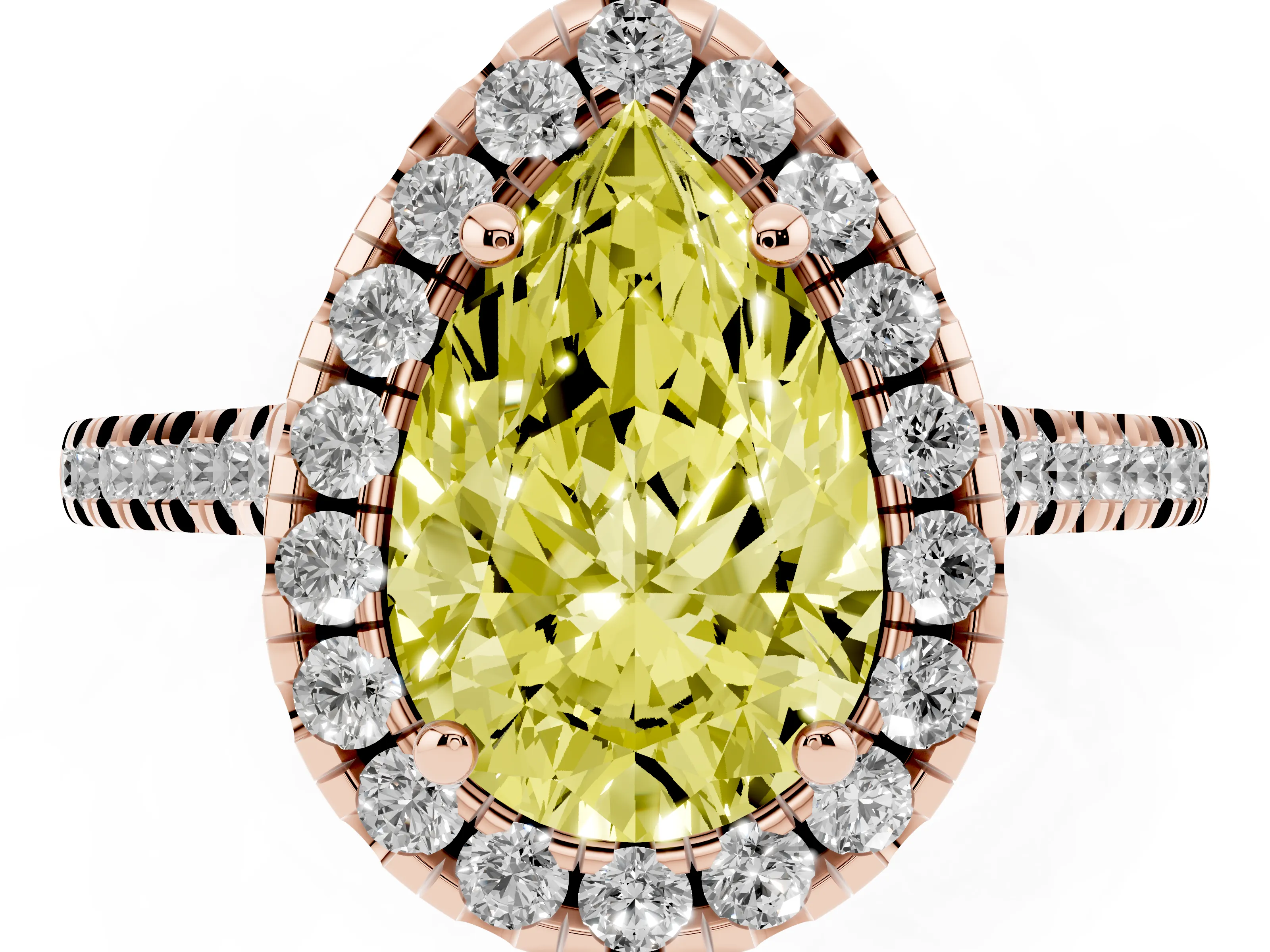 Fancy Yellow Pear Cut Diamond Cushion Halo Ring Set in Rose gold with Pavé Band