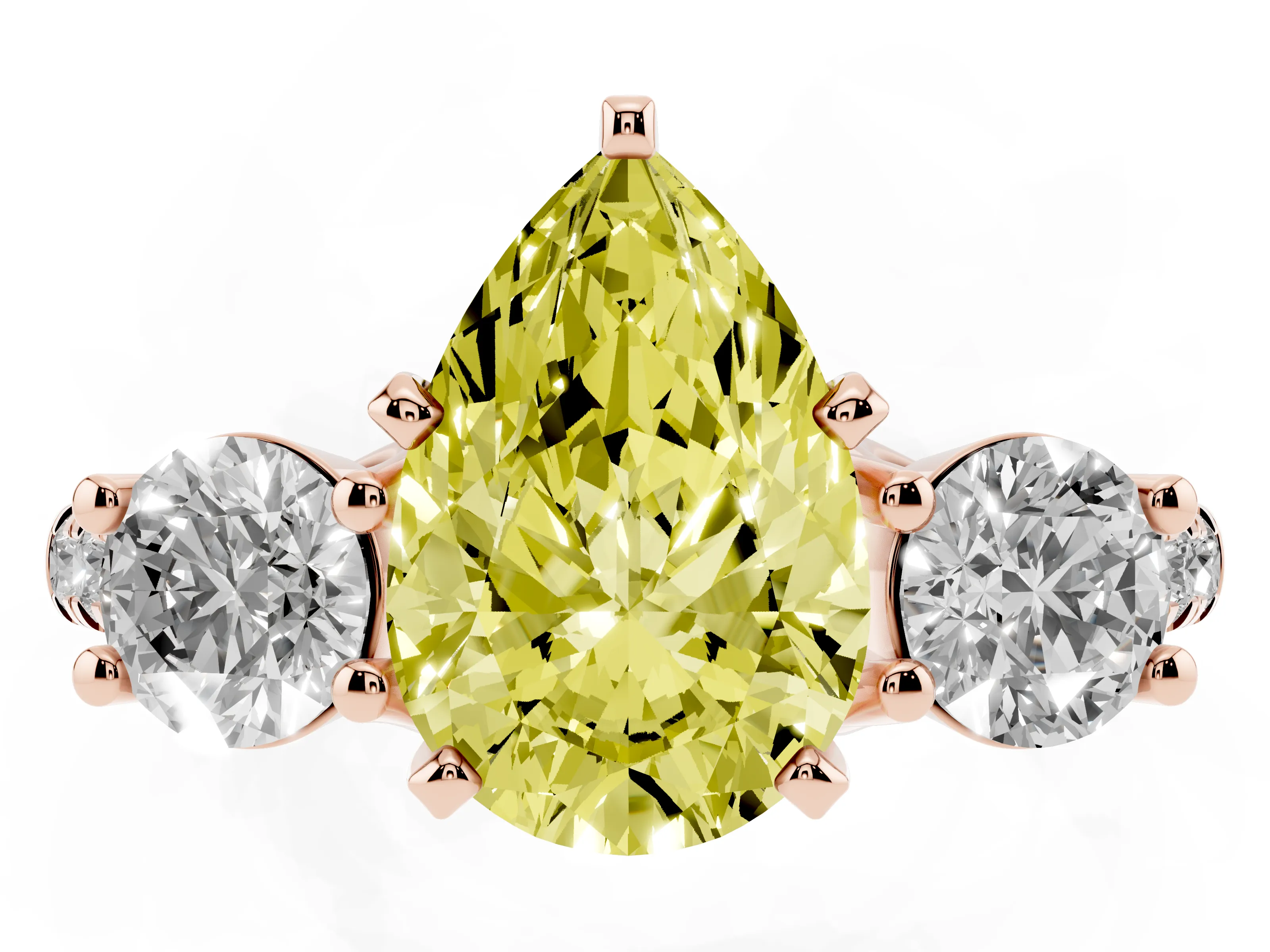 Fancy Yellow Three-Stone Pear Cut Diamond Pavé Band Ring Set in Rose gold with Prong-Set Trio