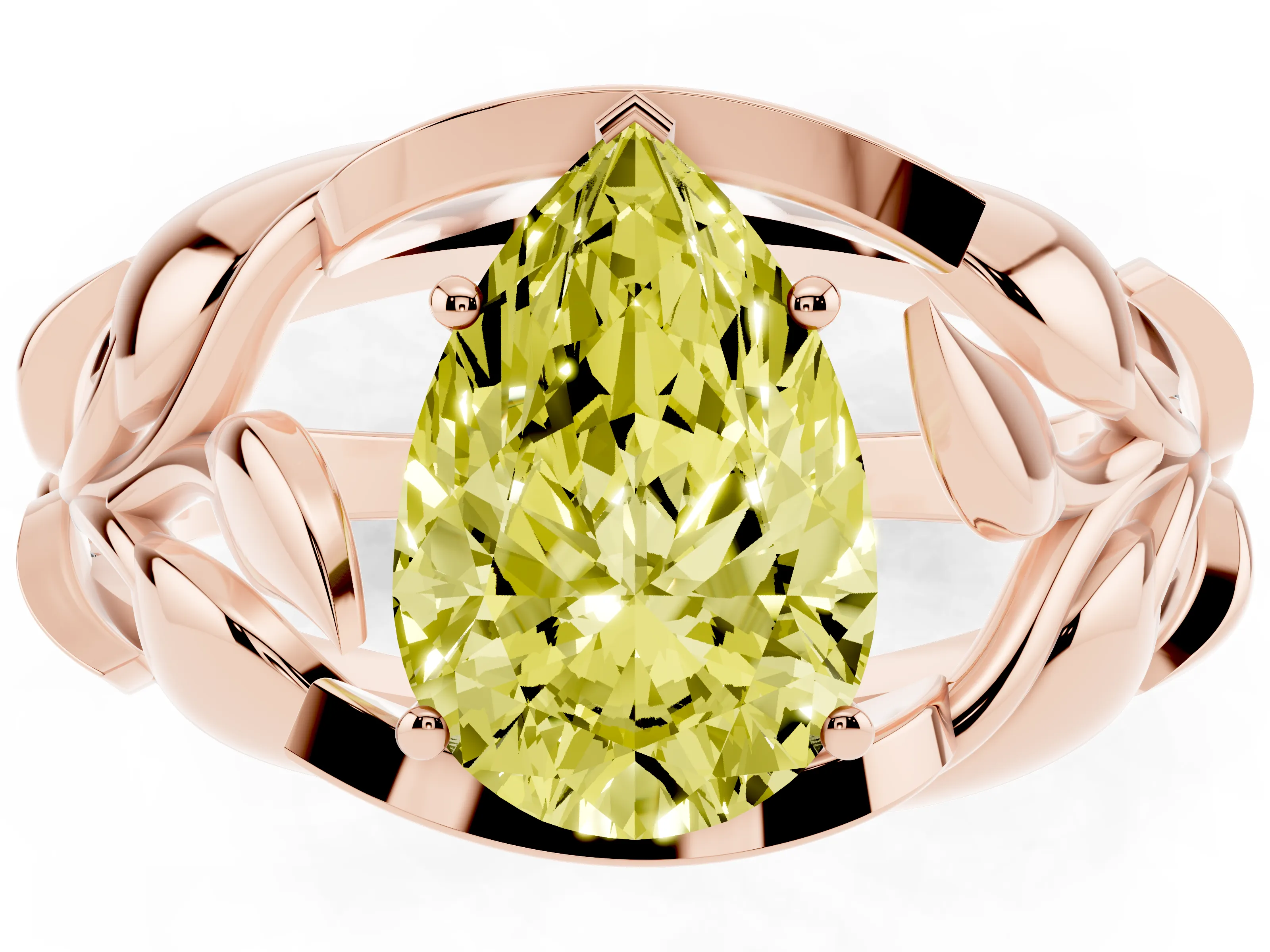 Fancy Yellow Pear Cut Diamond Leaf-Inspired Engagement Ring Set in Rose gold with Round Accents