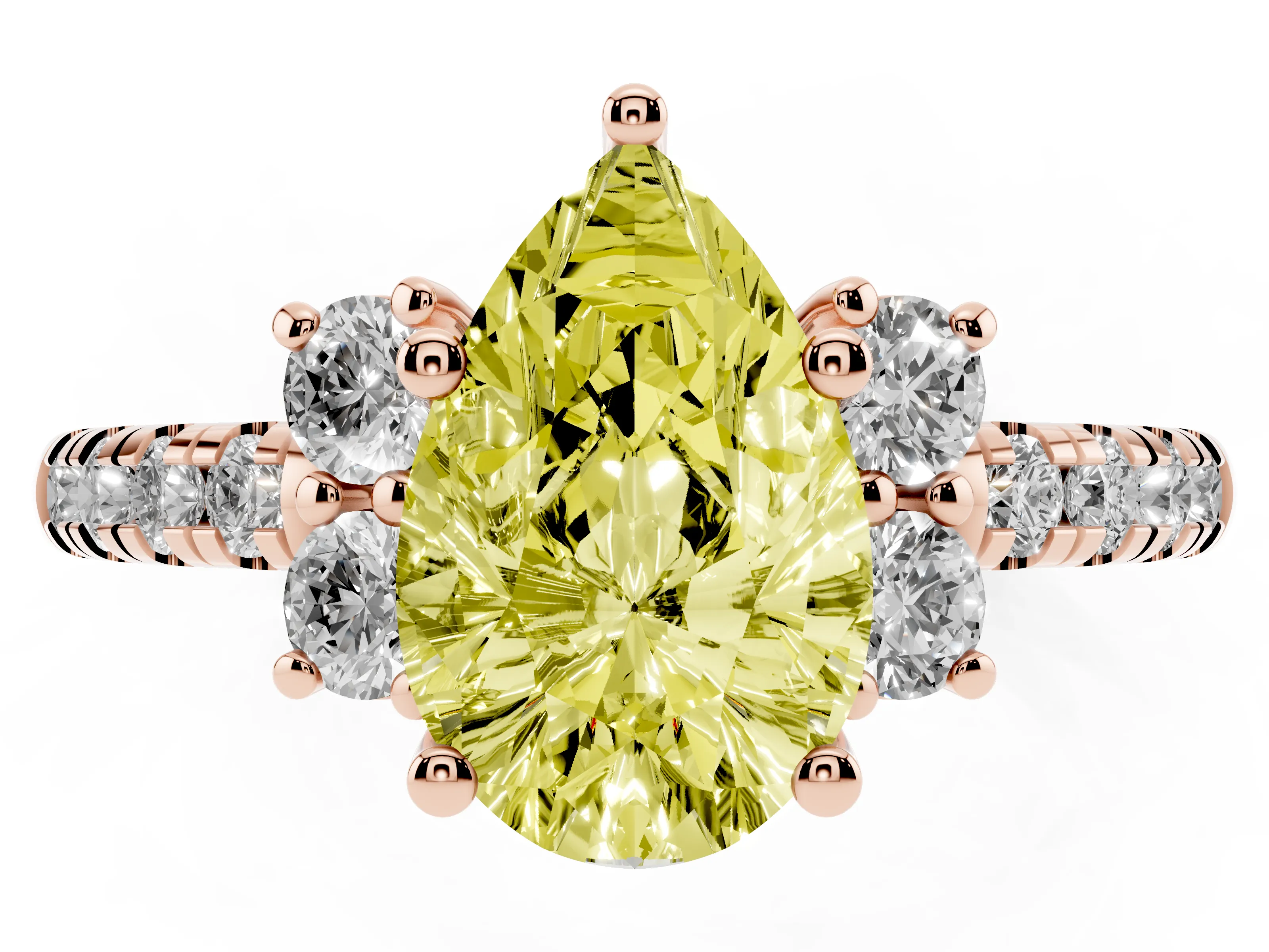Fancy Yellow Pear Cut Diamond Three-Stone Pavé Ring Set in Rose gold with Prong Setting