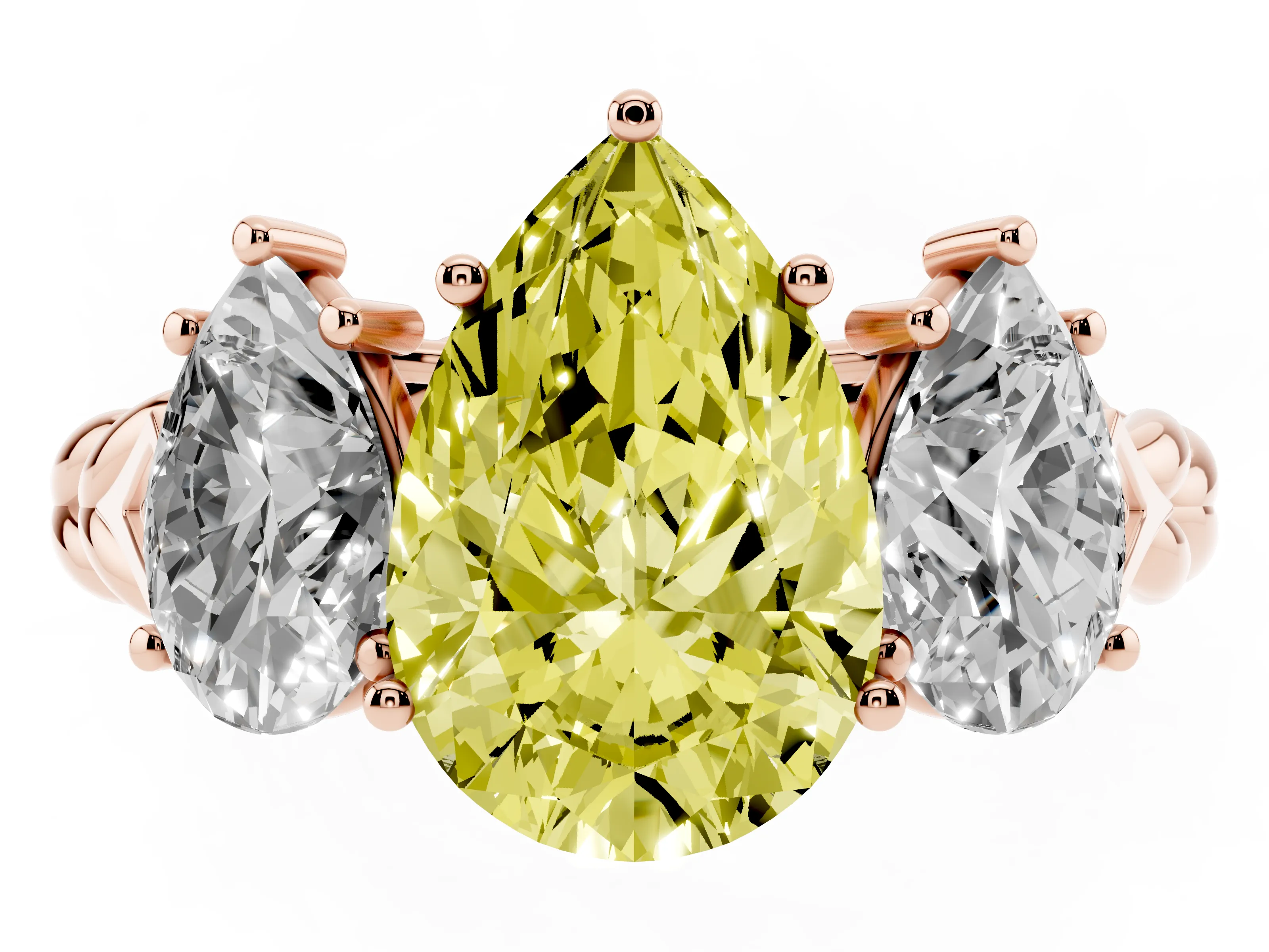 Fancy Yellow Pear Cut Diamond Three-Stone Ring Set in Rose gold with Braided Band