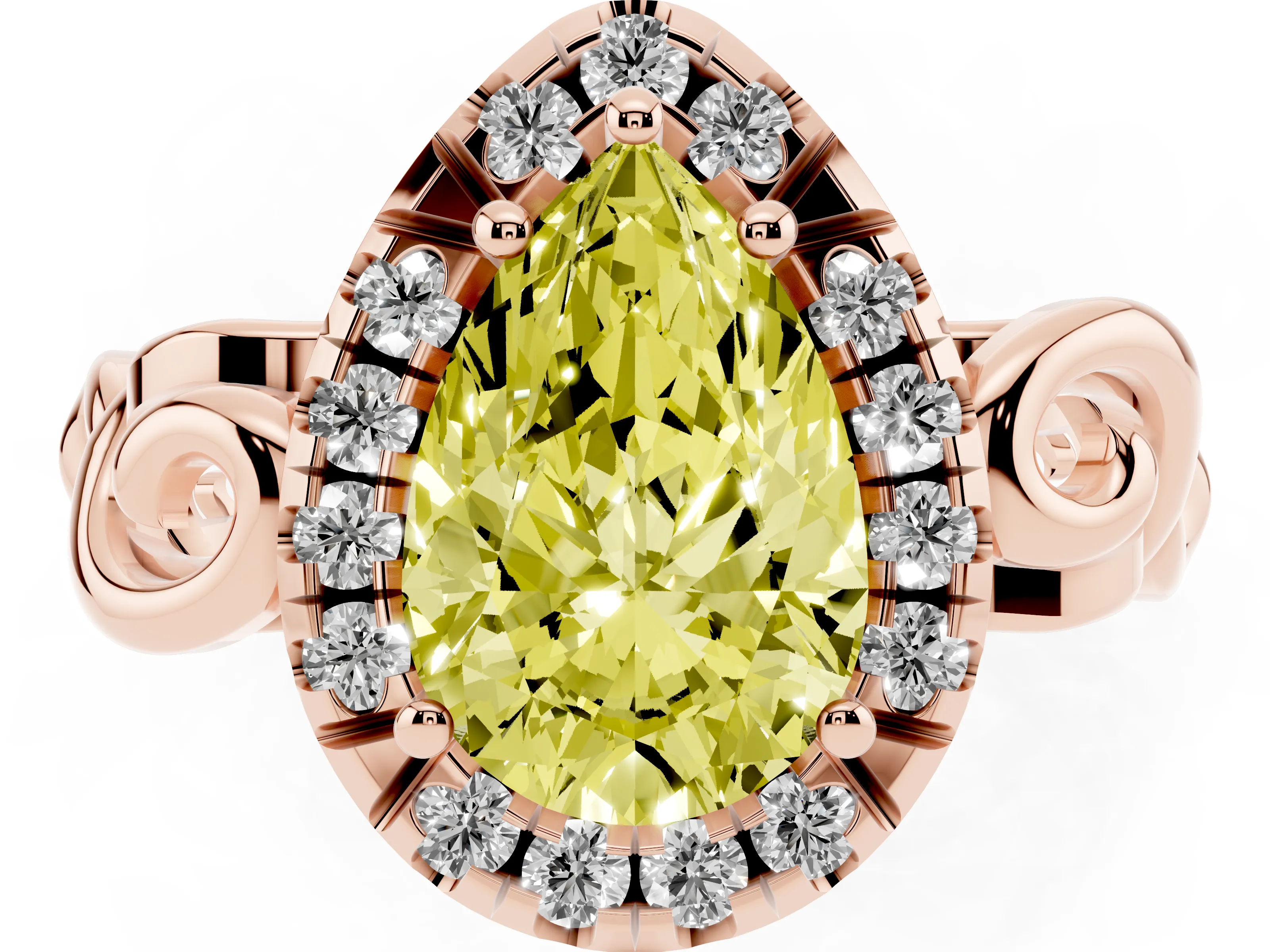 Fancy Yellow Pear Cut Diamond Halo Ring Set in Rose gold with Scrollwork Band and Prong Setting