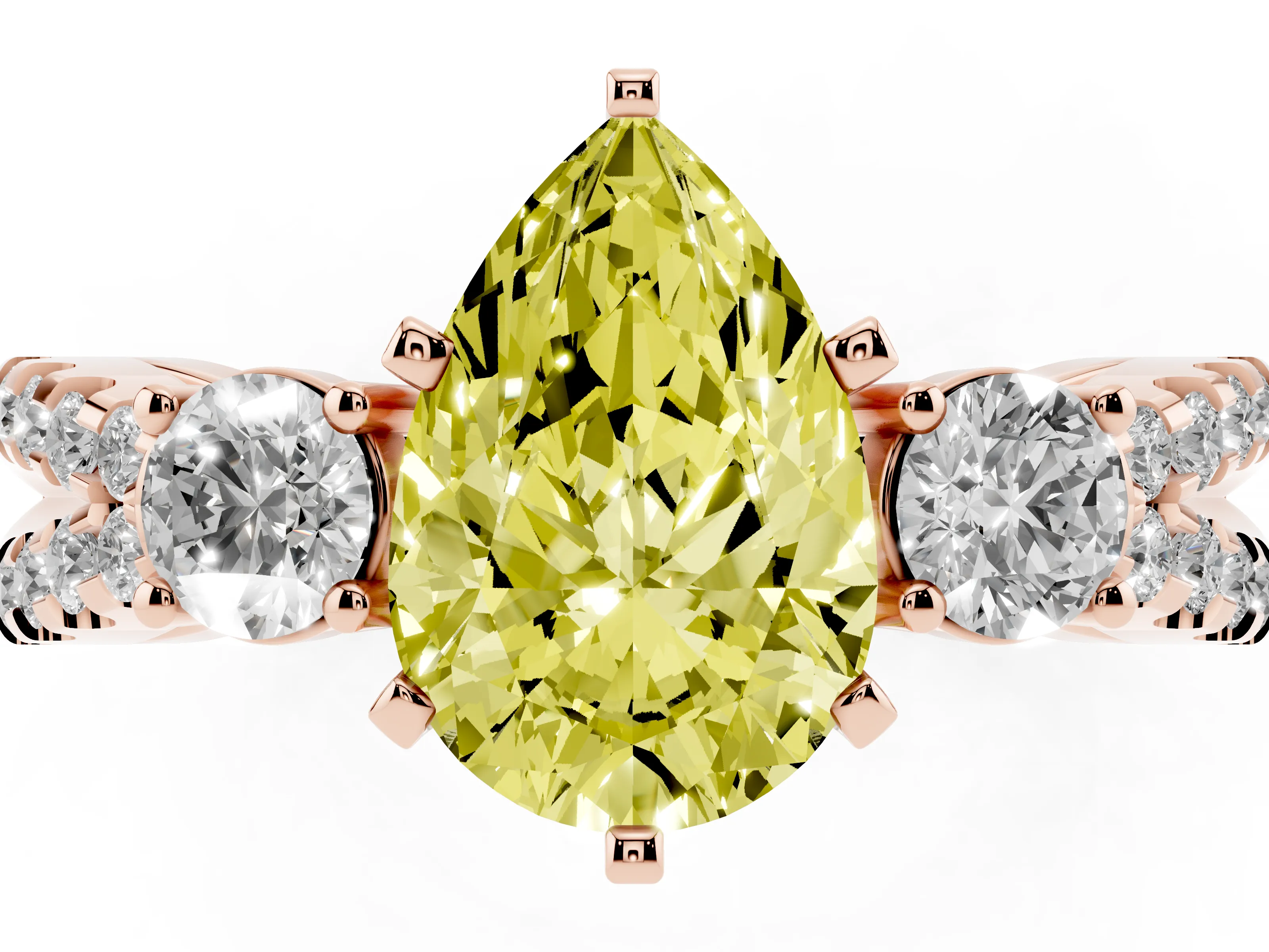 Fancy Yellow Pear Cut Diamond Three-Stone Ring Set in Rose gold with Pavé Split Shank and Prong Setting
